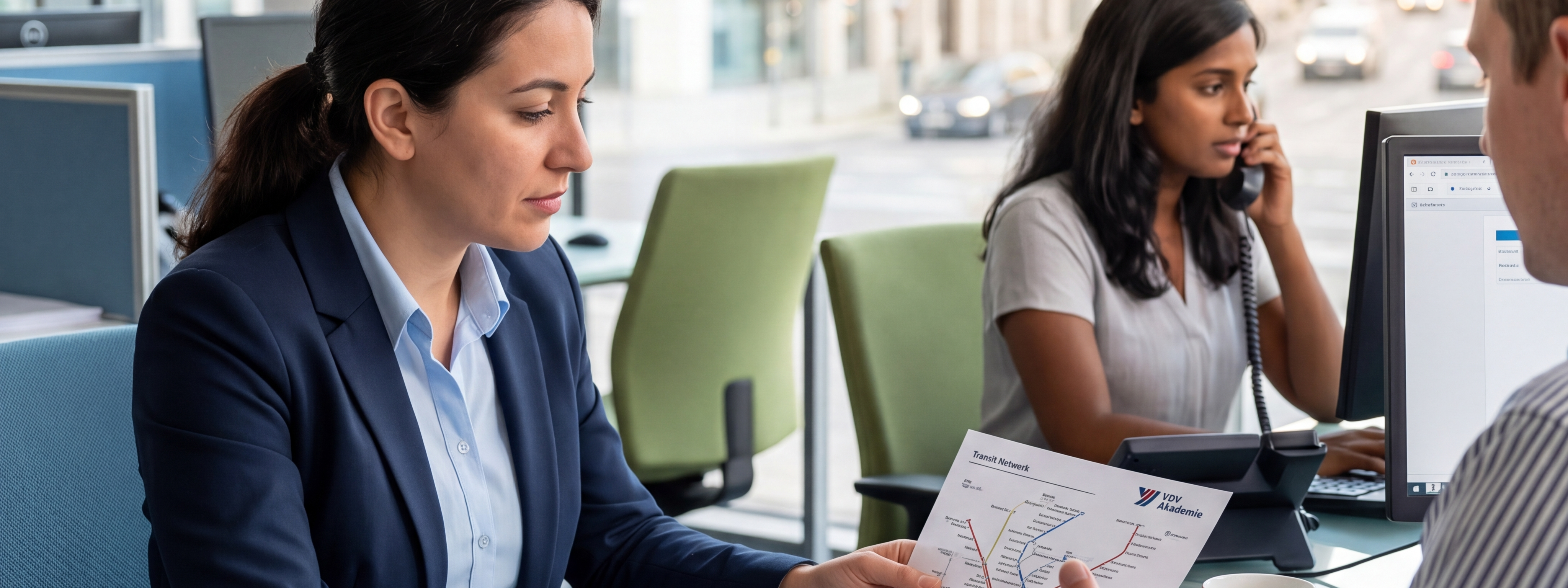 Eine Frau im Blazer sitzt am Tisch und zeigt auf einen Fahrplan. Sie unterhält sich mit einem Mann, der ihr gegenüber sitzt. Im Hintergrung sieht man eine andere Frau, die gerade telefoniert und auf ihren Computer schaut.