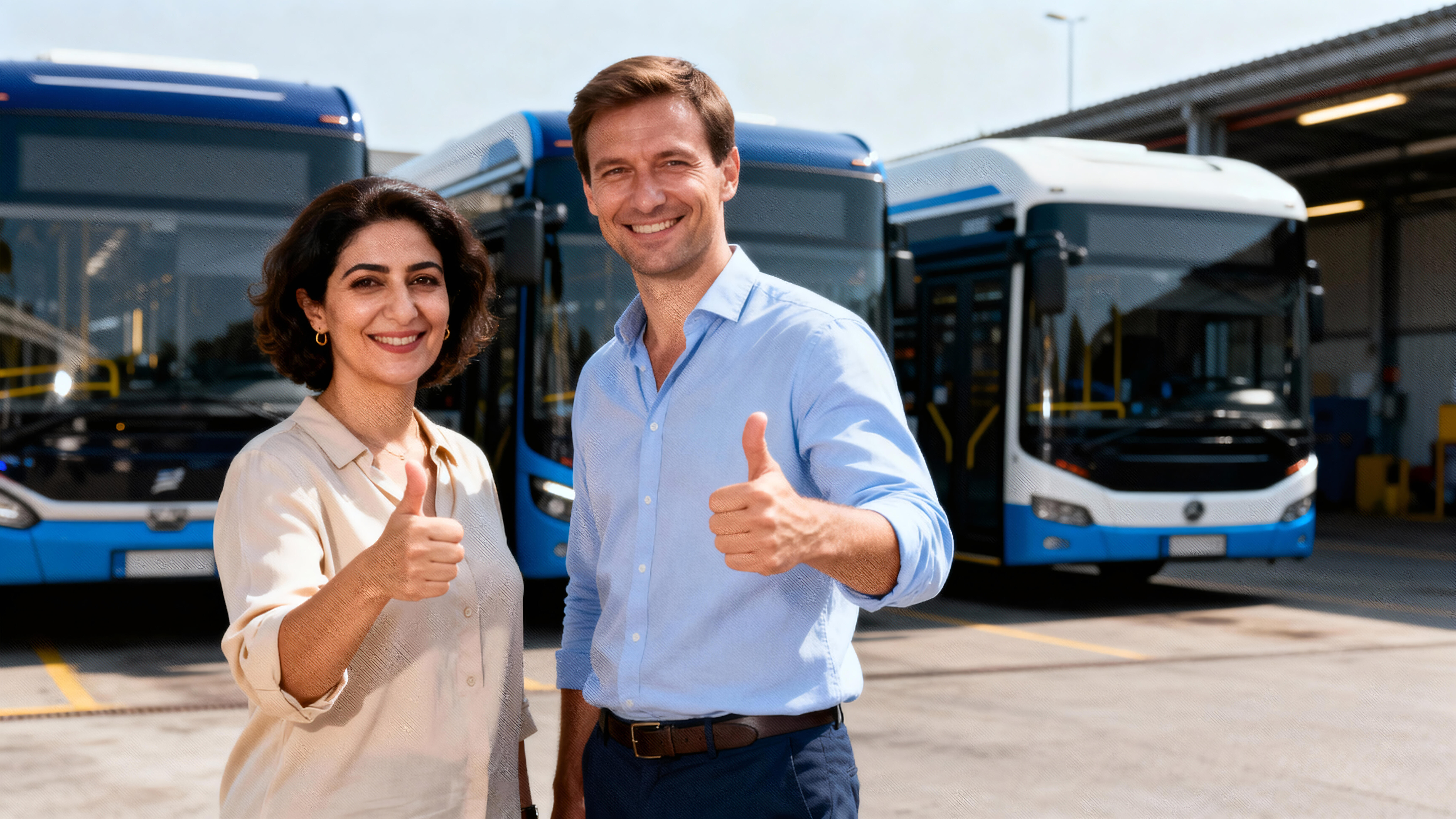 2 Personen die fröhlich sind mit Daumen hoch, stehen auf einem Betriebshof vor 3 Bussen