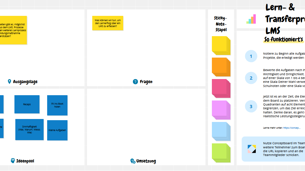 Der Screenshot zeigt die Sessionergebnisse der Gruppe Lernmanagementsystem und Lern- und Transferprozesse des digitalen #eLearning-Netzwerktreffens vom 04.03.2025.