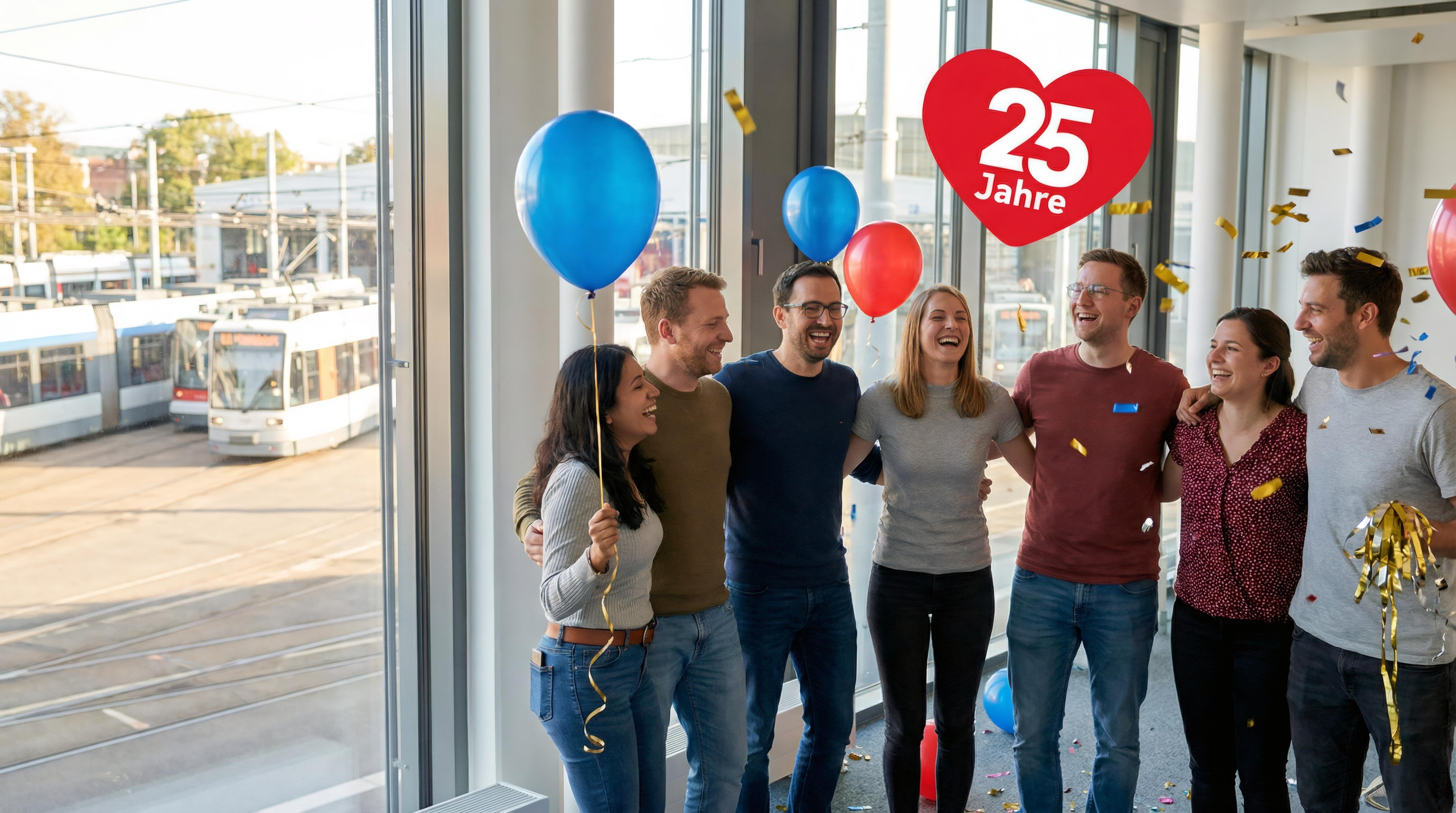 Eine Gruppe von Menschen die sich freuen, im Hintergrund ein Betriebshof