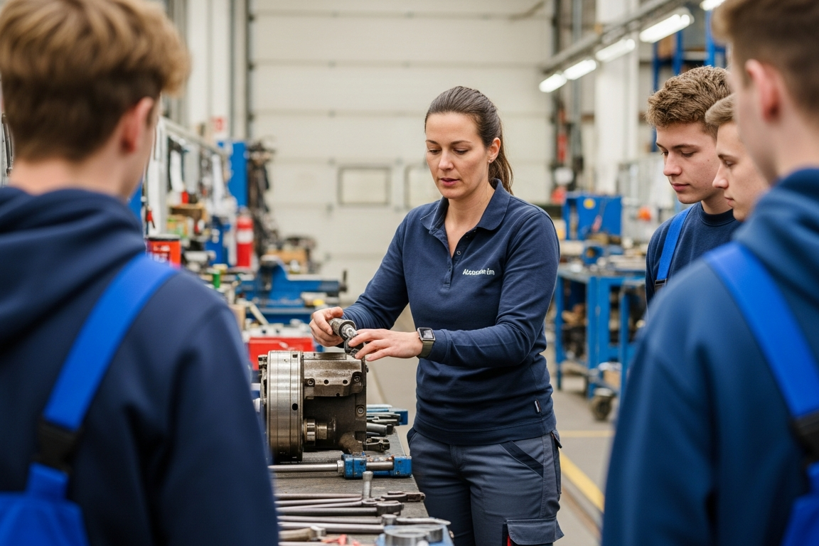 Eine Ausbilderin zeigt einer Gruppe Azubis in einer Werkstatt etwas anhand eines Fahrzeugbauteils.
