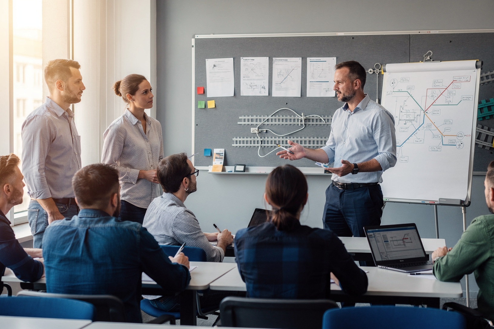 In einem Schulungsraum erklärt ein Mann einer Gruppe Teilnehmender Inhalte, er steht vor einem Flipchart und einer Tafel, auf denen Zeichnungen und Gleise zu sehen sind.