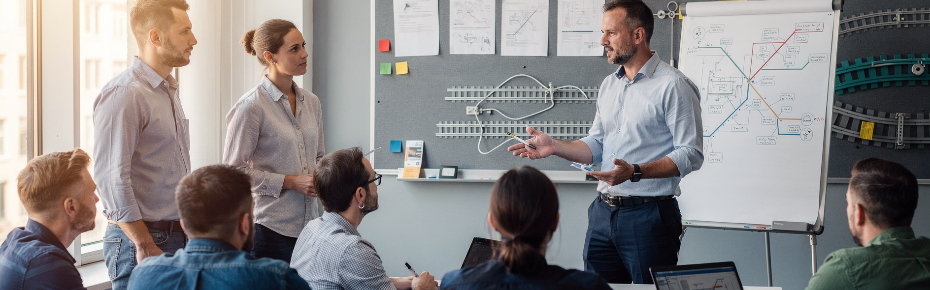 In einem Schulungsraum erklärt ein Mann einer Gruppe Teilnehmender Inhalte, er steht vor einem Flipchart und einer Tafel, auf denen Zeichnungen und Gleise zu sehen sind.