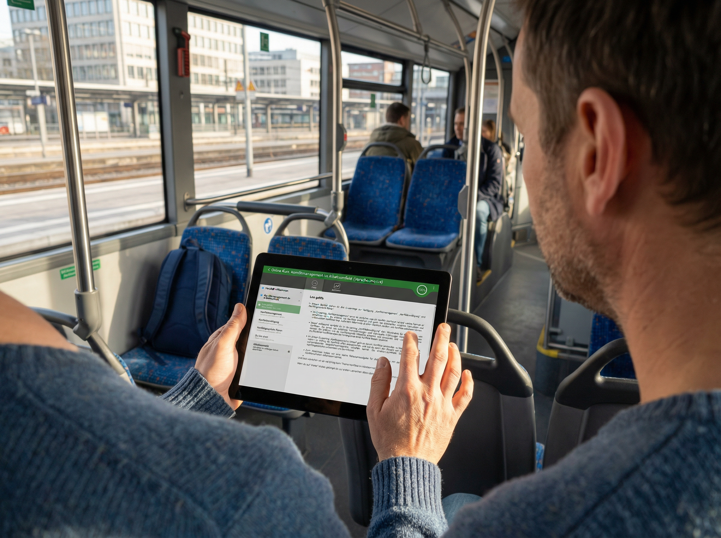 Man schaut zwei Personen über die Schulter, die in einem Bus sitzen und auf ein Tablet schauen. Auf dem Bildschirm ist ein Online-Kurs abgebildet.