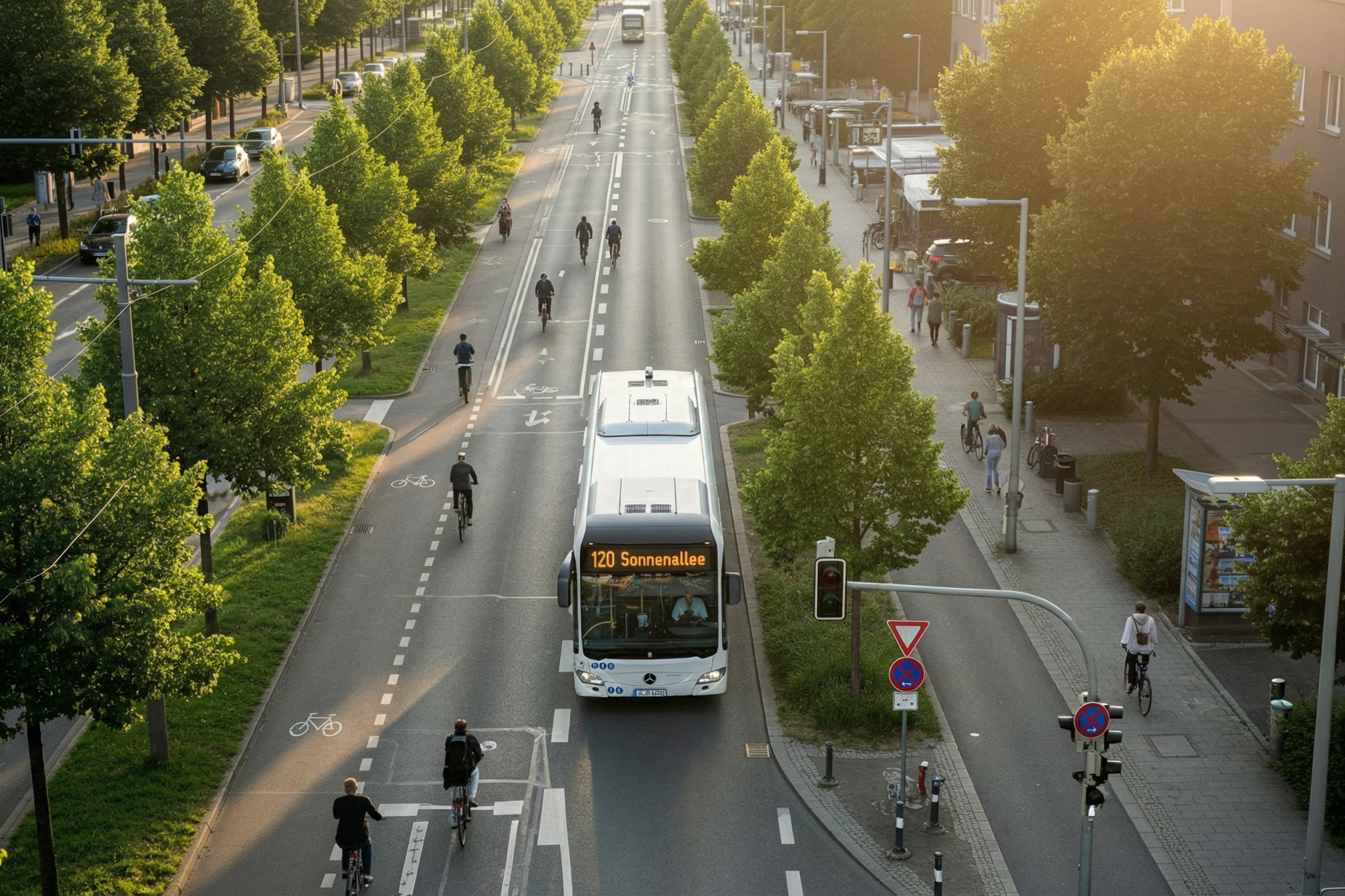 Eine Straße mit begrünten Seitenstreifen links und rechts, bei Sonnenuntergang, mit Passanten zu Fuß und auf dem Rad.