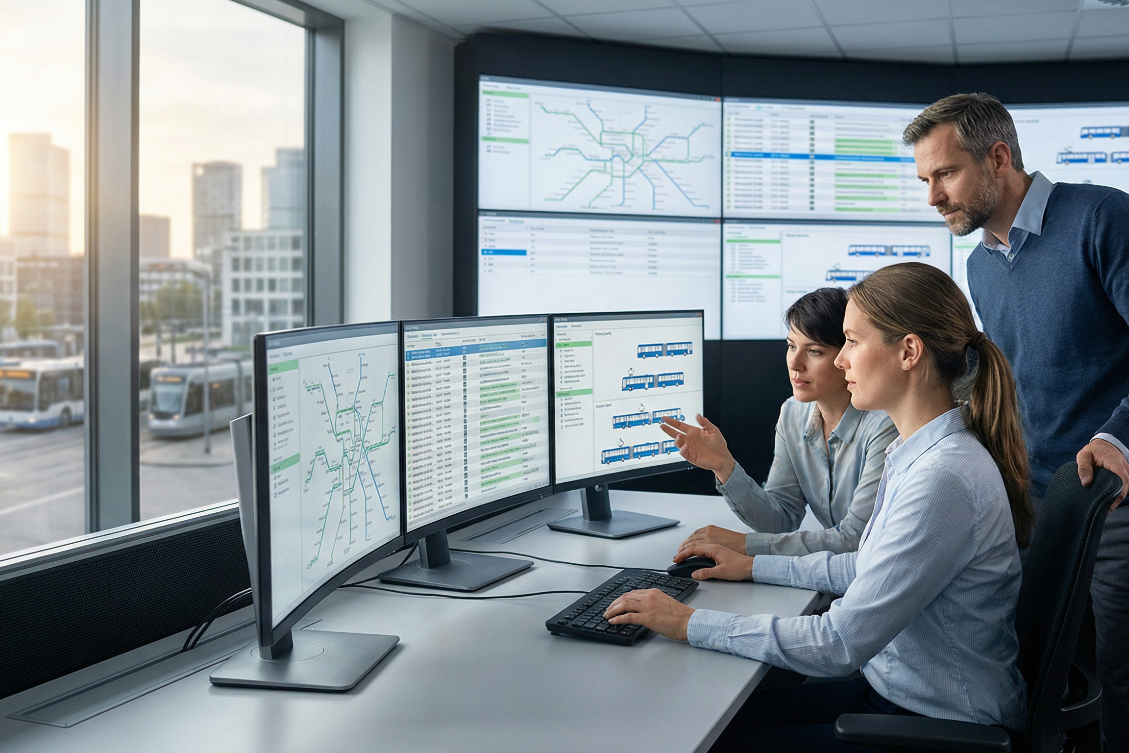 Drei Personen sitzen vor drei Bildschirmen, die Listen, Programme und Grafiken zeigen. Im Hintergrund ist eine Wand, an denen weitere Bildschirme mit Liniennetzplänen etc. gezeigt werden. Aus dem Fenster blickt man auf eine Bus- und Stadtbahnhaltestelle.
