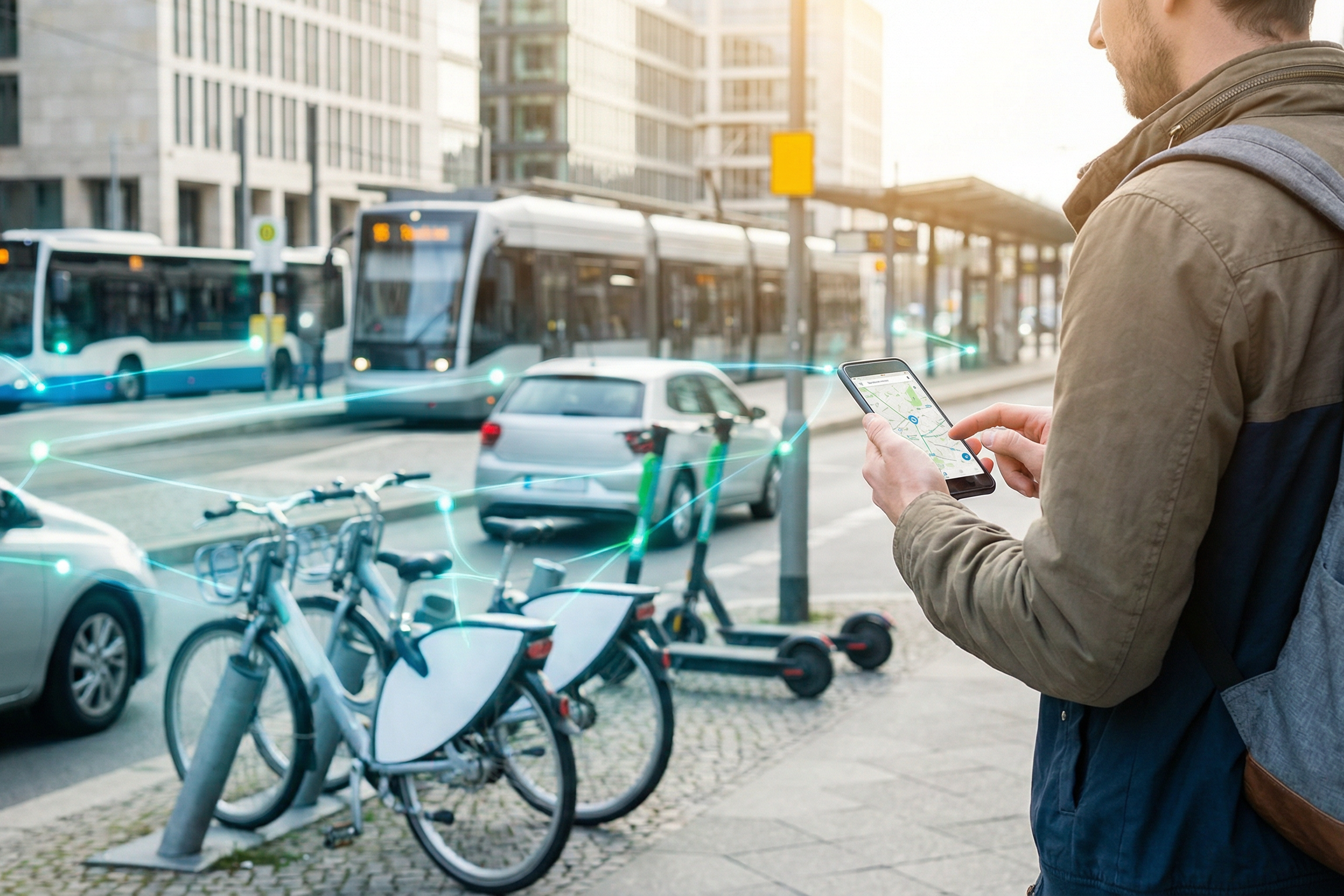 Ein Mann tippt an seinem Smartphone auf eine App. Im Hintergrund stehen Leihfahrräder und Elektroroller an der Straße, Autos und ein Bus und eine Stadtbahn auf der Straße, die über symbolhafte Linien miteinander und mit dem Smartphone verbunden sind.