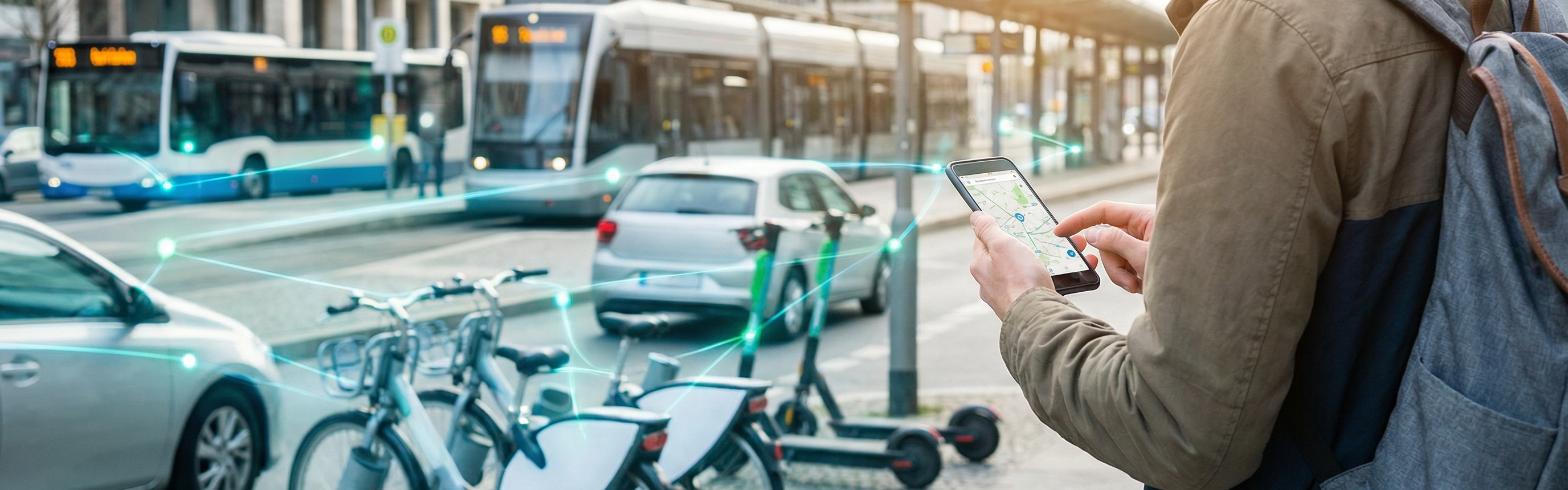 Ein Mann tippt an seinem Smartphone auf eine App. Im Hintergrund stehen Leihfahrräder und Elektroroller an der Straße, Autos und ein Bus und eine Stadtbahn auf der Straße, die über symbolhafte Linien miteinander und mit dem Smartphone verbunden sind.