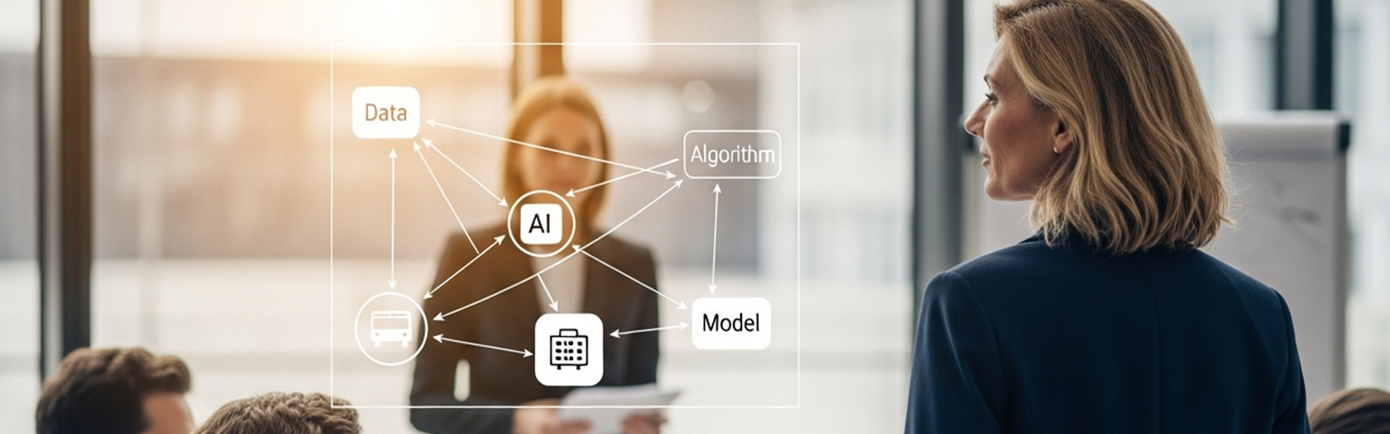 Mehrere Frauen und Männer sitzen oder stehen an einem Tisch, vor ihnen Laptops. Es wird eine Mindmap visualisiert mit den Wörtern AI, Data, Model und Algorithm.