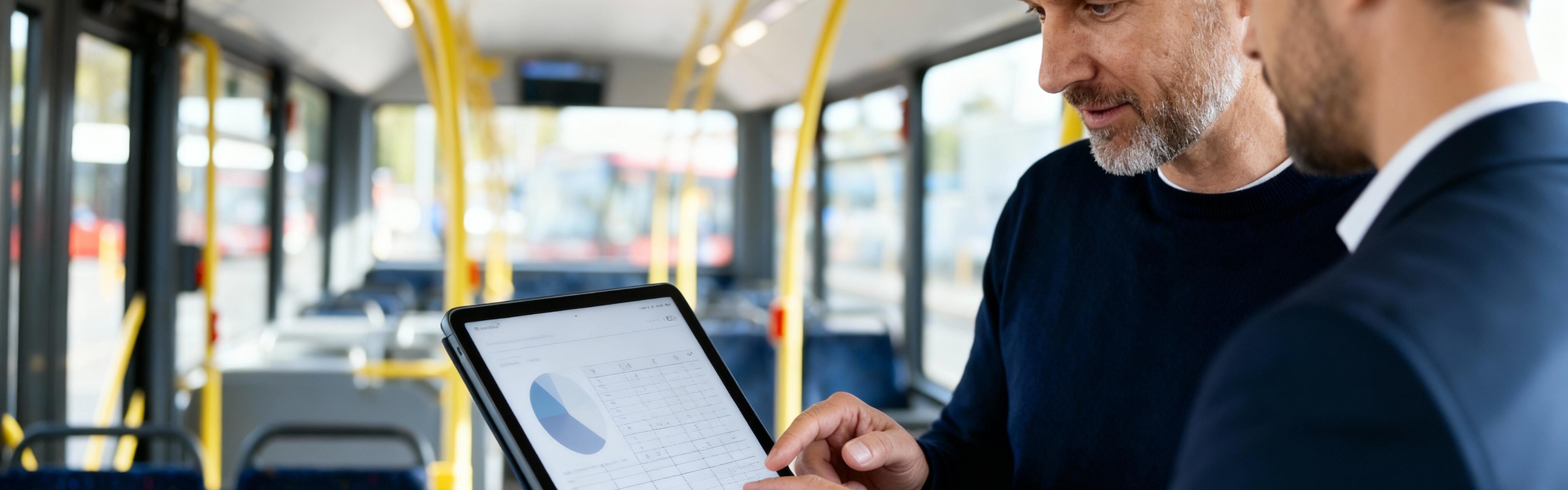 Zwei Männer schauen sich in einem Bus auf einem Tablet Graphen und Tabellen an.