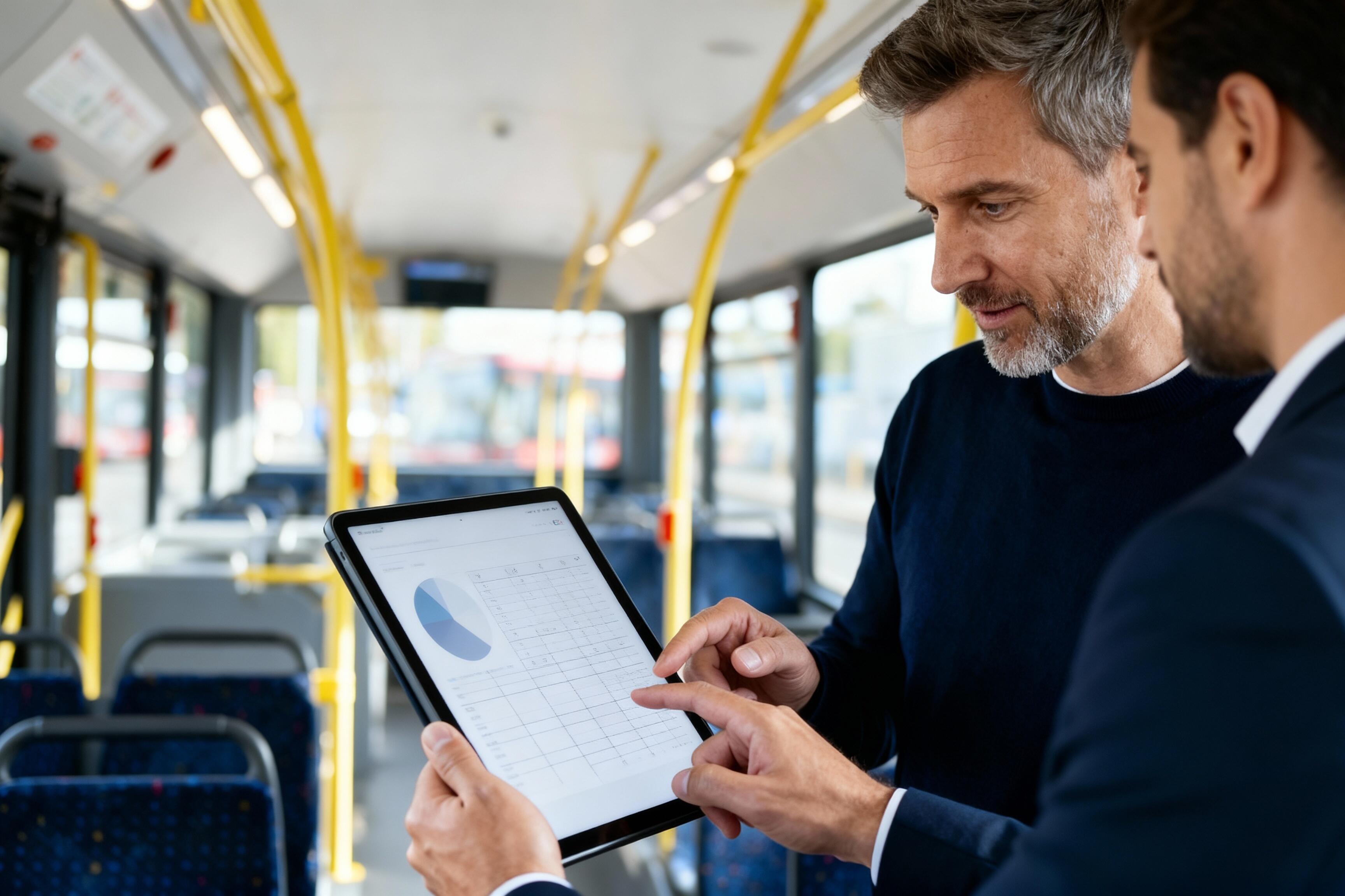 Zwei Männer schauen sich in einem Bus auf einem Tablet Graphen und Tabellen an.