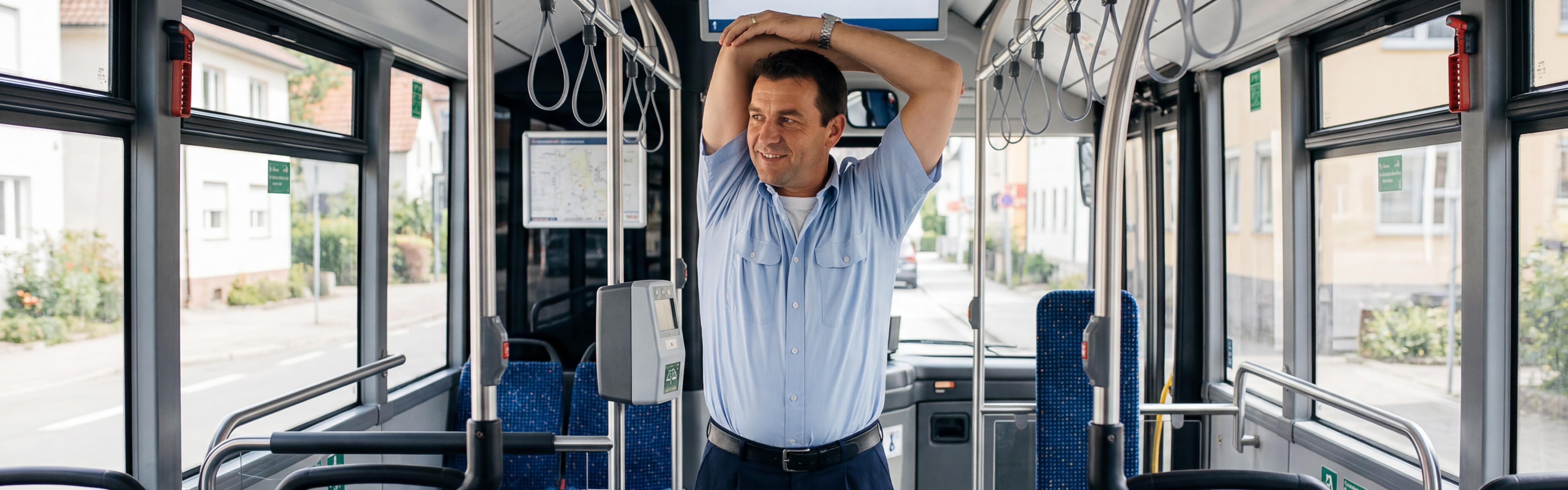 Busfahrer in Dienstkleidung steht in einem Bus ohne Fahrgäste und macht eine Dehnübung mit den Armen hinter seinem Kopf.