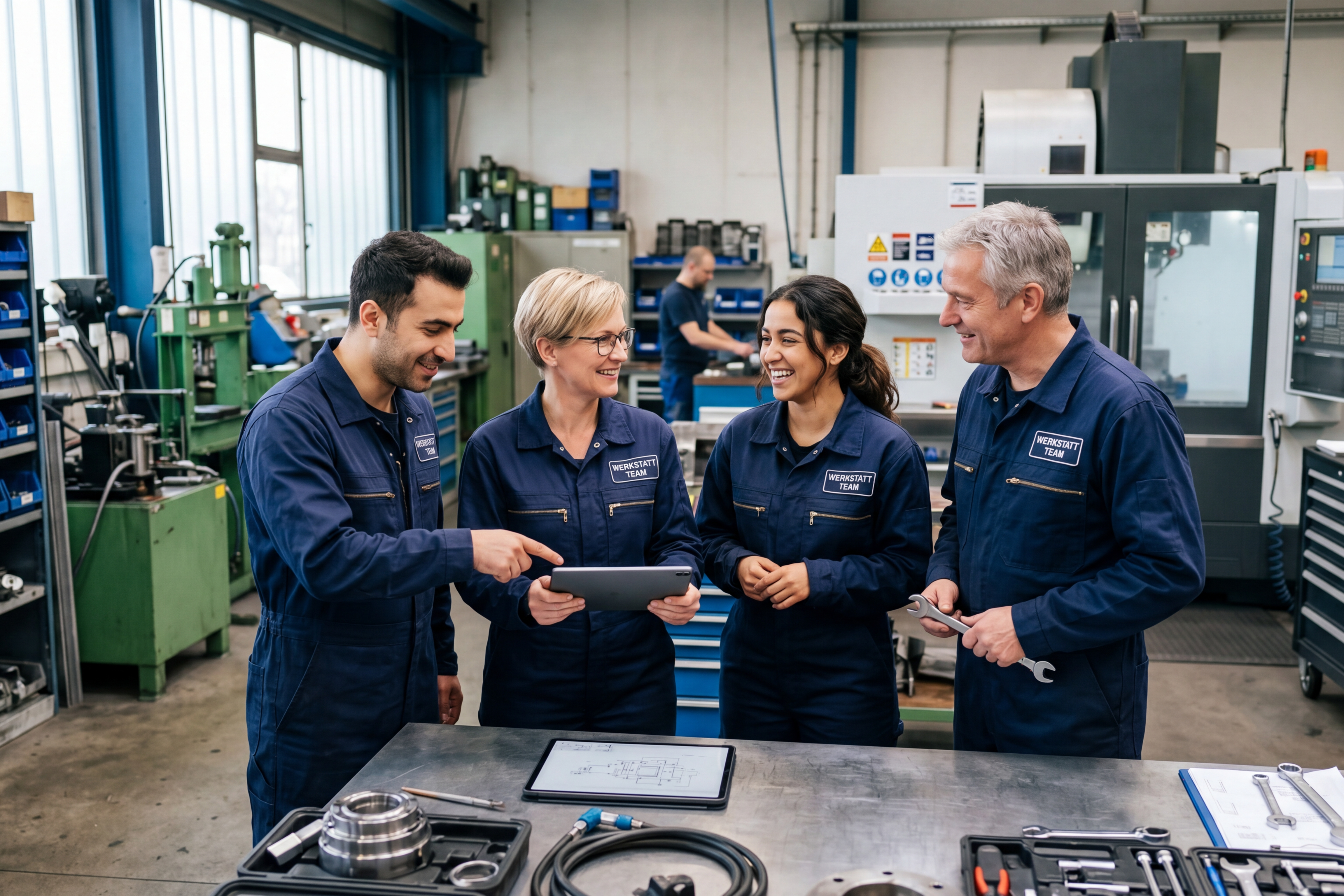 Vier Mitarbeitende, männlich und weiblich, unterschiedlichen Alters stehen an einem Tisch in einer Werkstatt. Die Personen haben einen kulturellen Hintergrund.