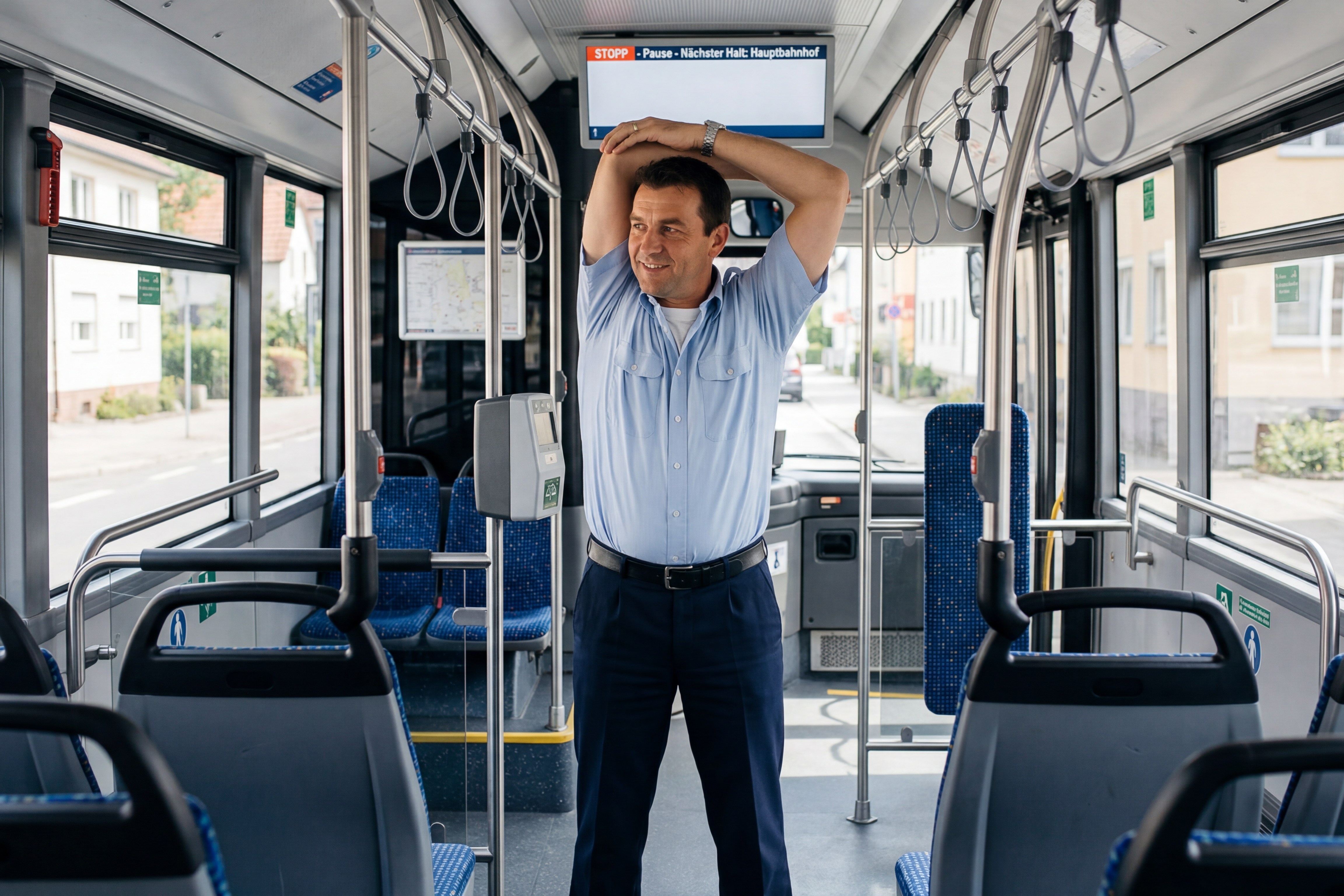 Busfahrer in Dienstkleidung steht in einem Bus ohne Fahrgäste und macht eine Dehnübung mit den Armen hinter seinem Kopf.