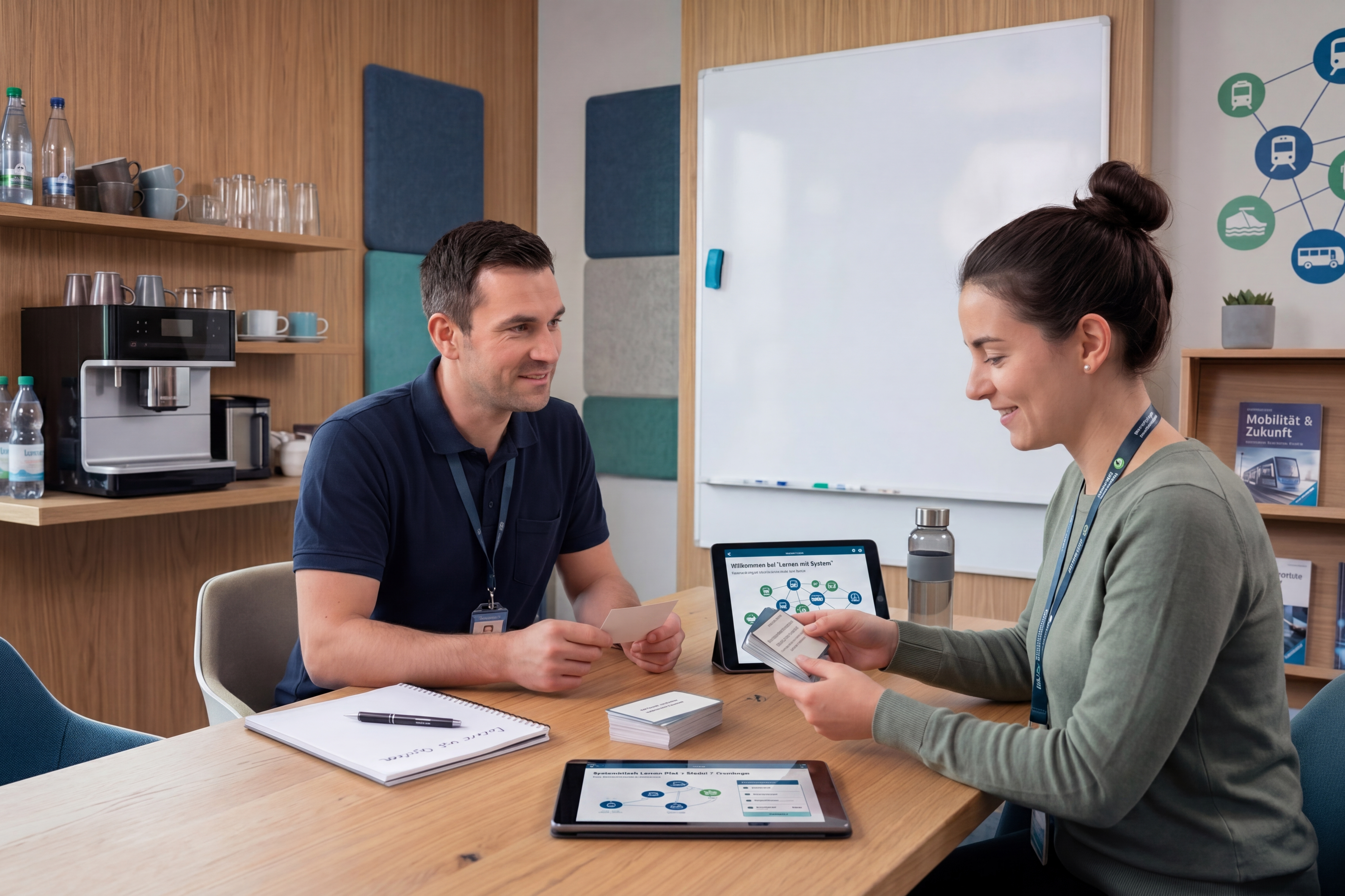 Ein Mann und eine Frau sitzen an einem Tisch mit Lernkarten, einem Block und Stift, zwei Tablets in einem Raum mit Magnettafel und Getränken im Hintergrund.