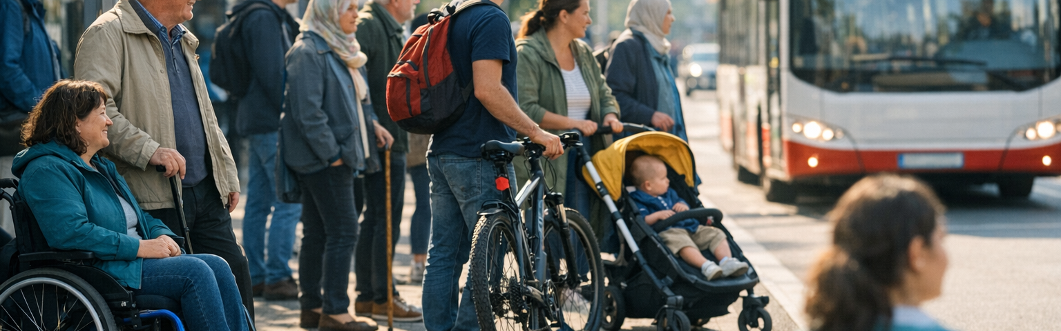 Ein Bus fährt auf eine Haltestelle zu, an der Menschen mit Gehilfen, Rollstuhl, Kinderwagen und Fahrrad warten.
