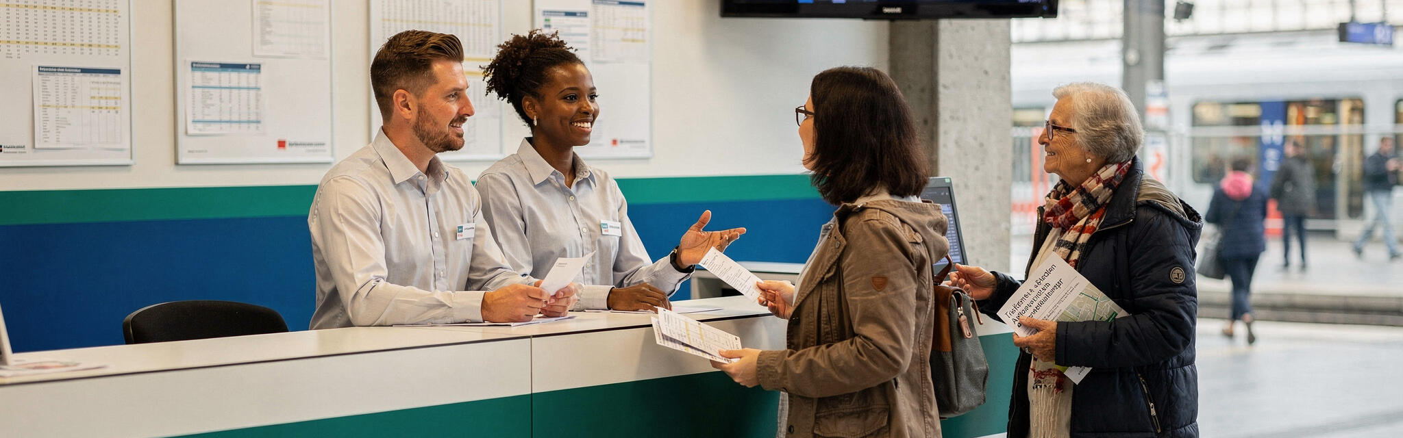 Zwei Frauen stehen an einem Serviceschalter im Gespräch mit zwei Mitarbeitenden.