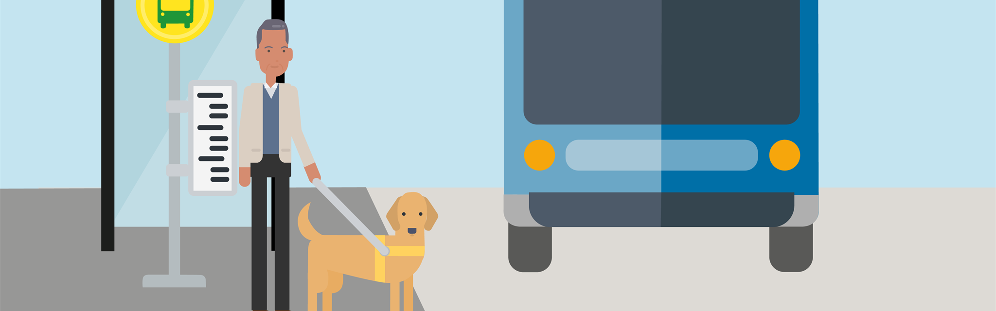 Ein Mann mit Servicehund wartet an einer Bushaltestelle, ein Bus, der Richtung Schwimmbad fährt, steht an der Haltestelle.