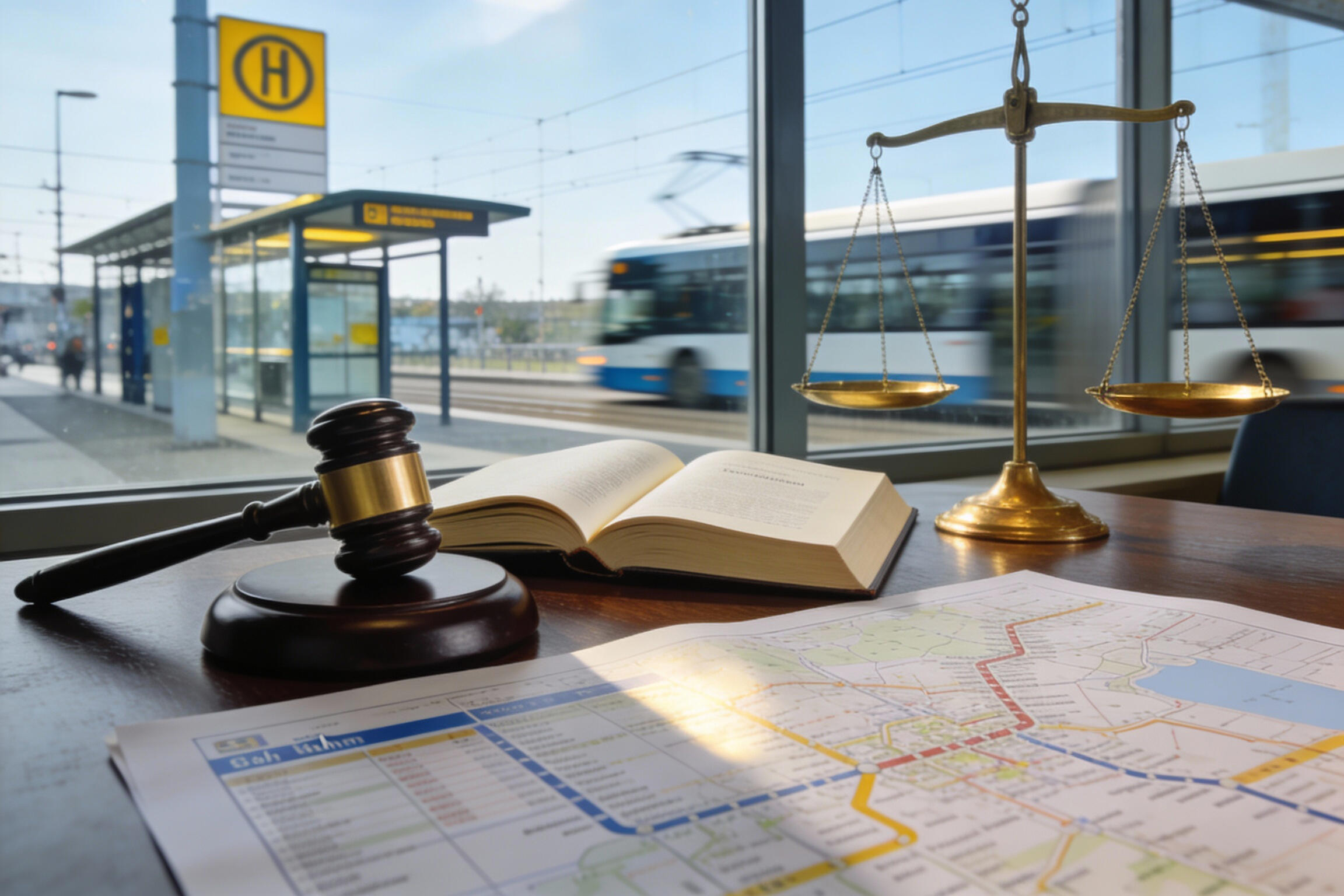 Auf einem Tisch liegt einen Liniennetzplan, ein Richterhammer, ein Buch und eine goldene Waage. Im Hintergrund sieht man durch ein Fenster eine Haltestelle und eine fahrende Straßenbahn.