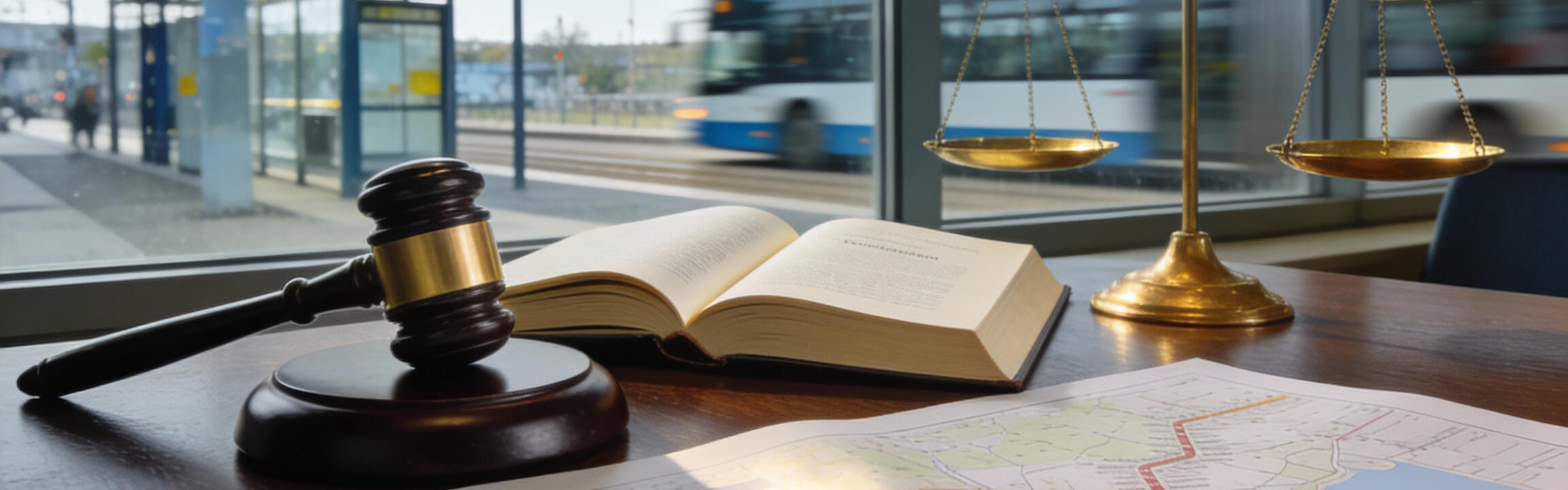 Auf einem Tisch liegt einen Liniennetzplan, ein Richterhammer, ein Buch und eine goldene Waage. Im Hintergrund sieht man durch ein Fenster eine Haltestelle und eine fahrende Straßenbahn.