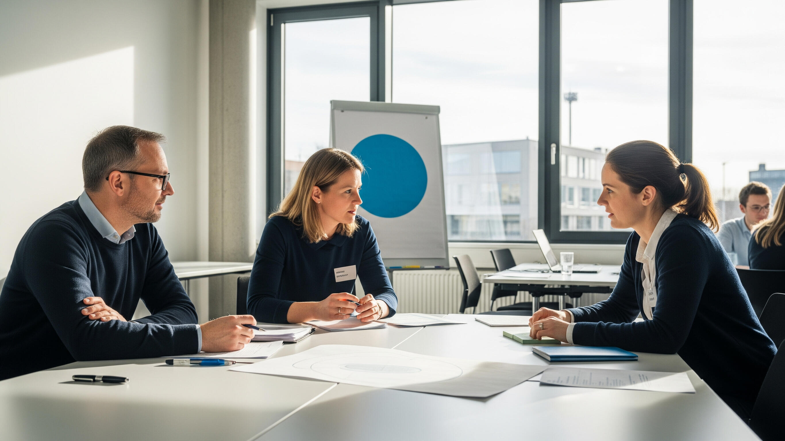Zwei Frauen und ein Mann sitzen an einem Tisch und diskutieren.