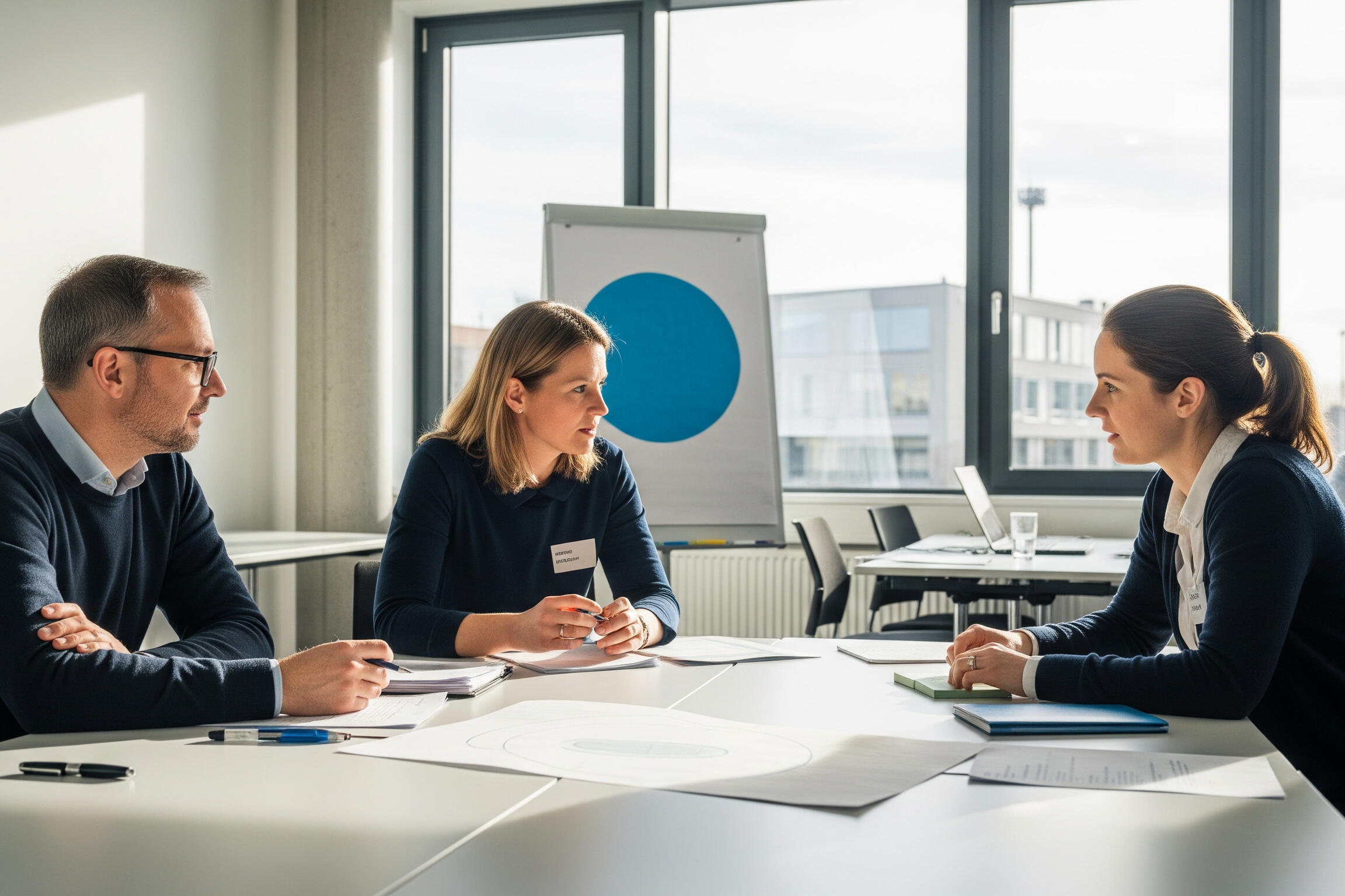 Zwei Frauen und ein Mann sitzen an einem Tisch und diskutieren.