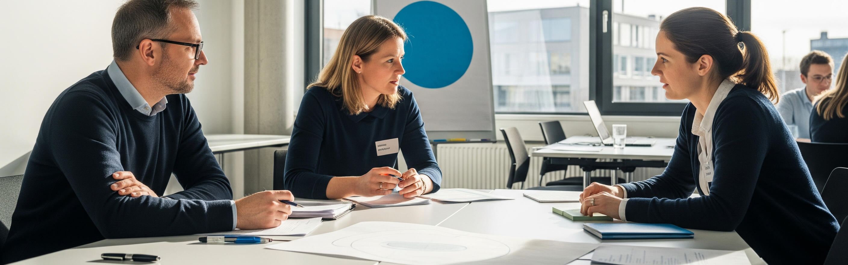 Zwei Frauen und ein Mann sitzen an einem Tisch und diskutieren.