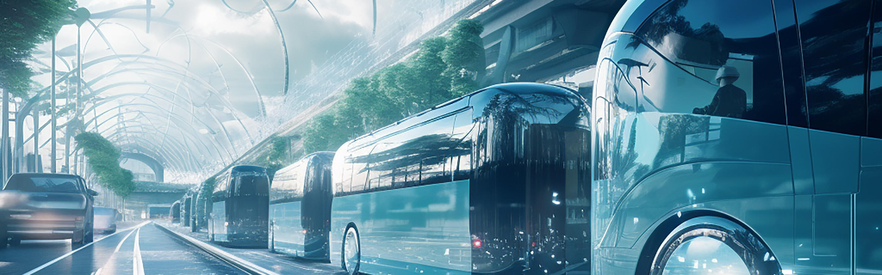 Busse sind auf einer Straße, Windräder im Hintergrund