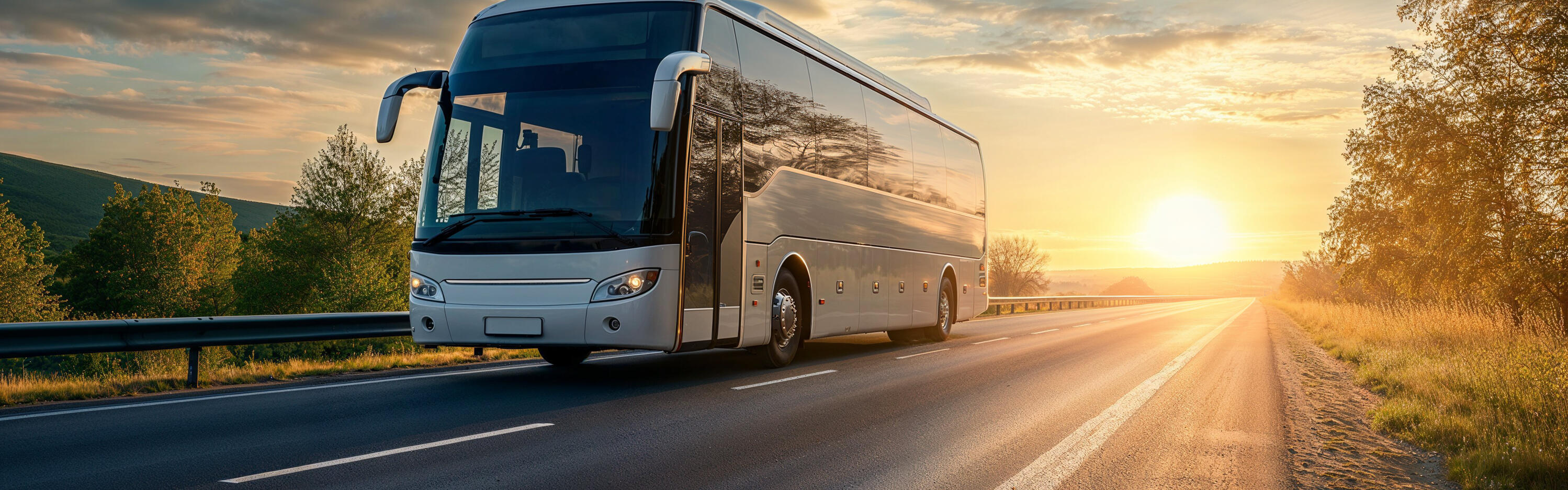 Ein weißer Reisebus fährt auf einer Straße, im Hintergrund blauer Himmel und Bäume