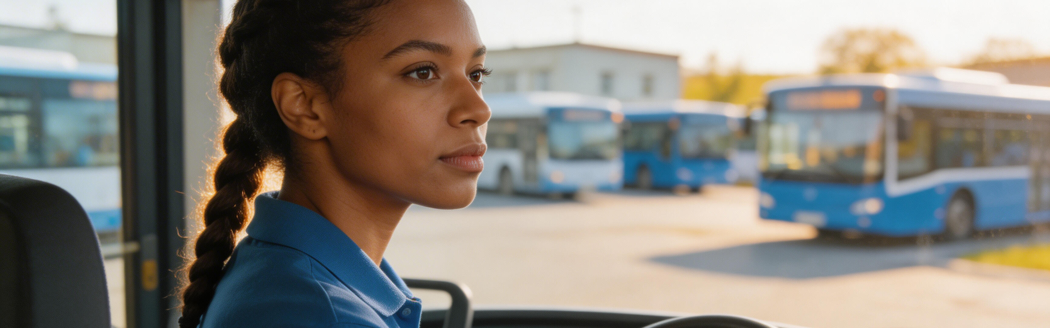 Eine Busfahrerin sitzt am Lenkrad im Bus, im Hintergrund ein Busbetriebshof.