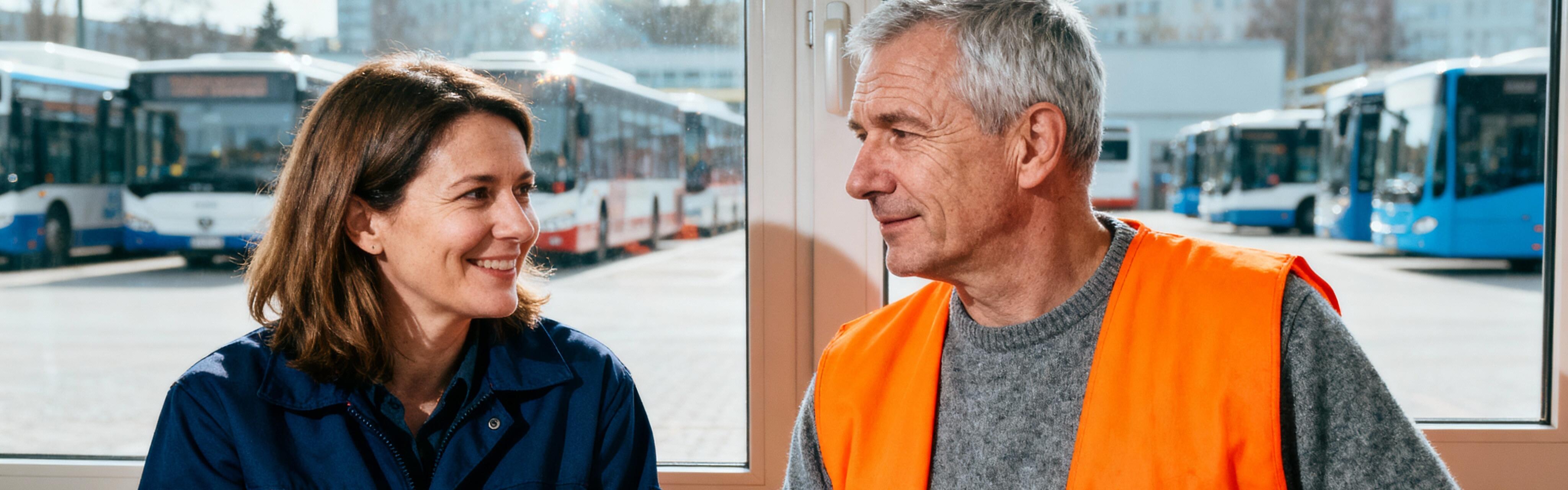 Ein Mann mit kurzen grauen Haaren trägt einen grauen Pullover und darüber eine orange Warnweste. Er ist einer Frau zugewendet in blauer Dienstkleidung. Im Hintergrund sieht man einen Busbetriebshof.
