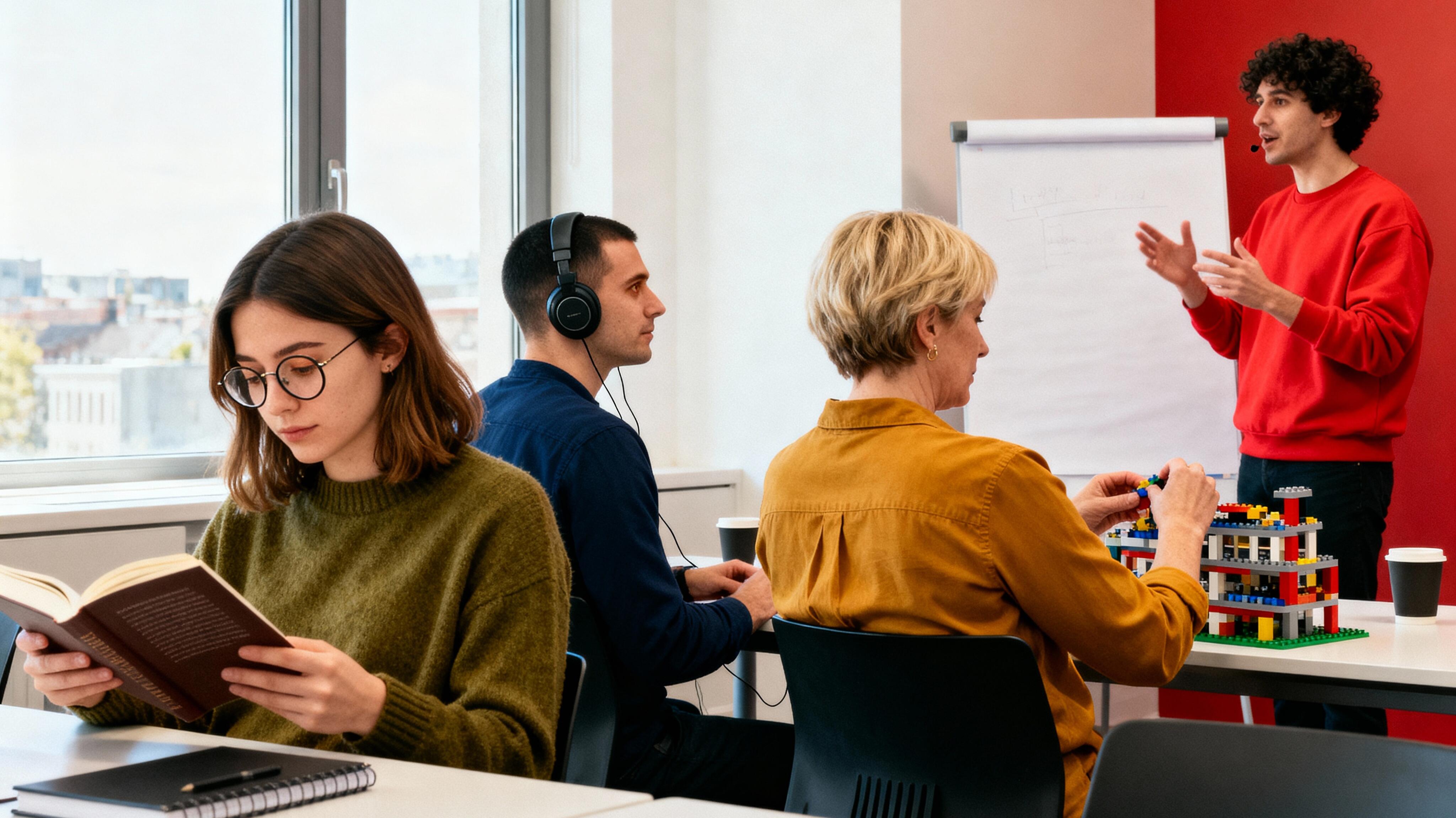 Vier Personen sitzen in einem Klassenraum. Eine Frau mit grünem Pullover und Brille schaut in ein Buch, ein Mann mit blauem Pullover trägt Kopfhörer, eine Frau in einer gelben Bluse baut etwas mit Klemmbausteinen und ein Mann in einem roten Pulli spricht an einem Flipchart.