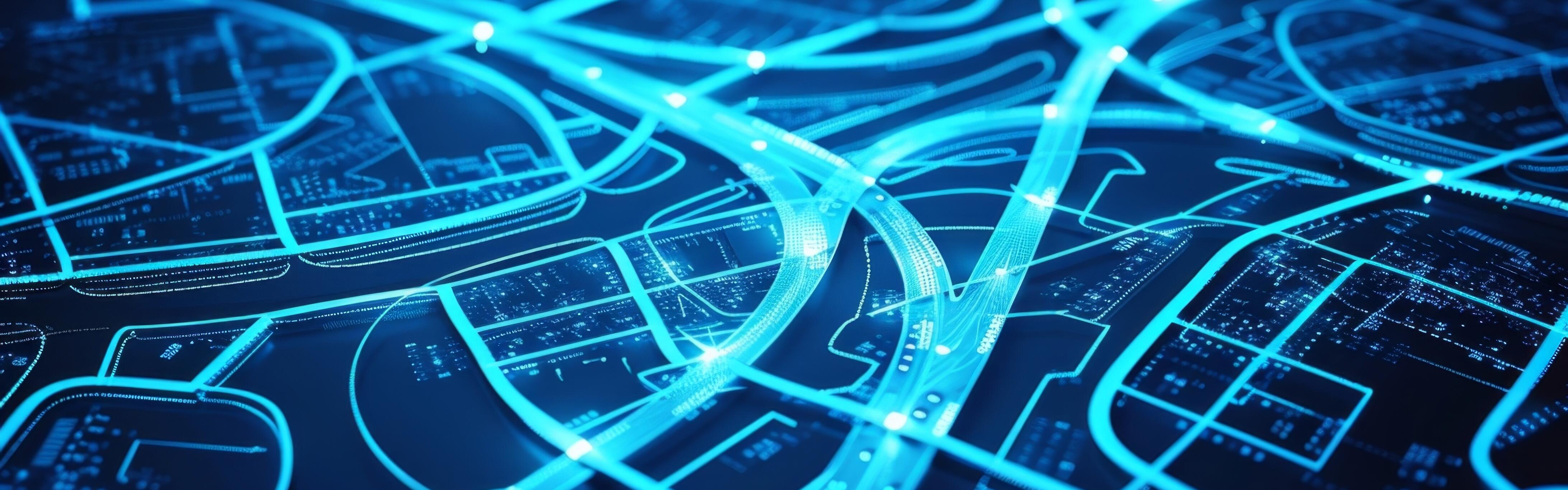 Stilisierte digitale Stadtkarte mit leuchtenden, blauen Straßen und Netzwerken – Symbol für vernetzte Infrastruktur.