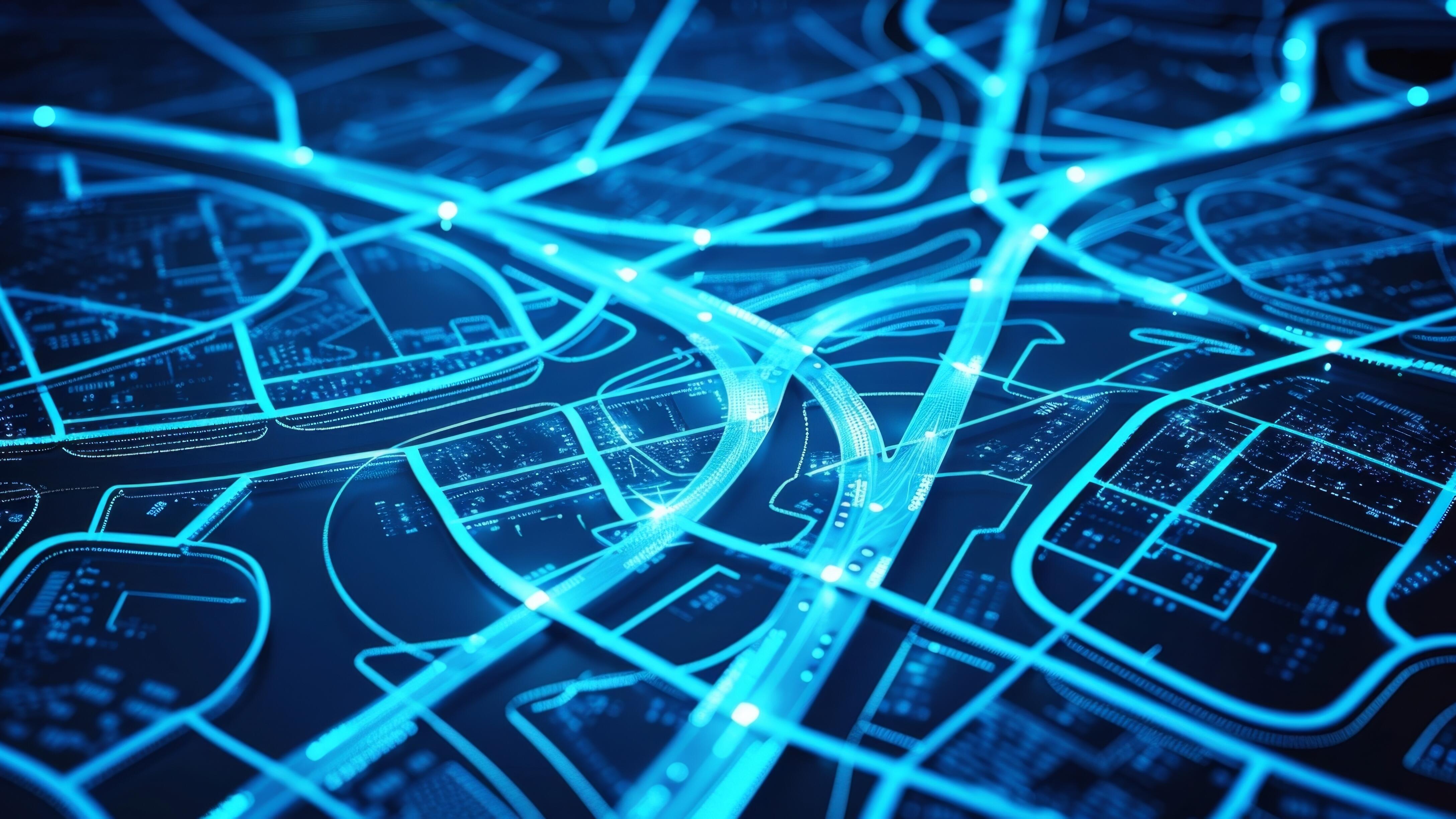 Stilisierte digitale Stadtkarte mit leuchtenden, blauen Straßen und Netzwerken – Symbol für vernetzte Infrastruktur.