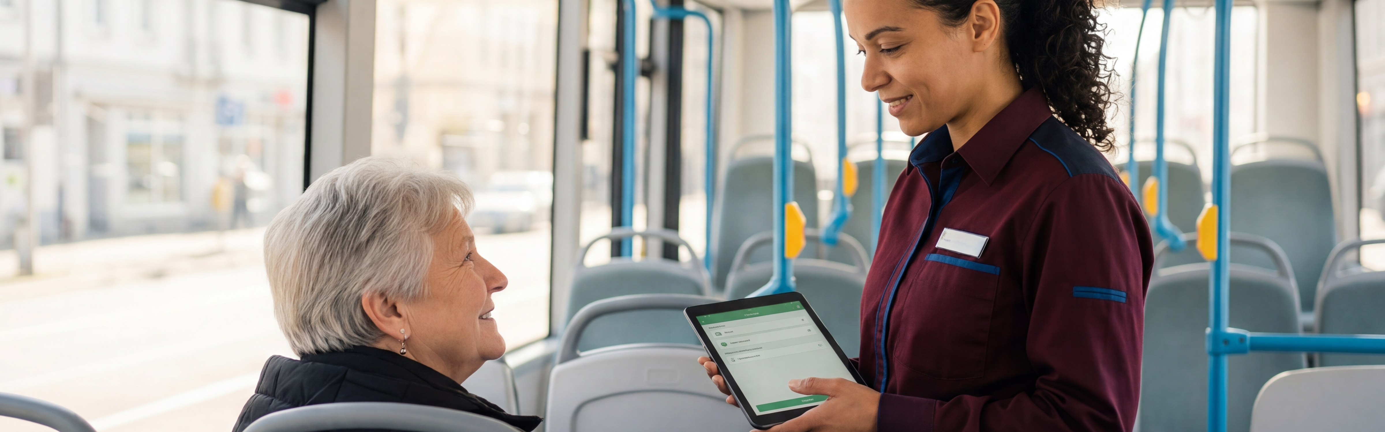 Eine ältere Frau sitzt in einem Bus, neben ihr steht eine Frau in Kleidung des Verkehrsunternehmens mit einem Tablet in der Hand und unterhält sich mit ihr.