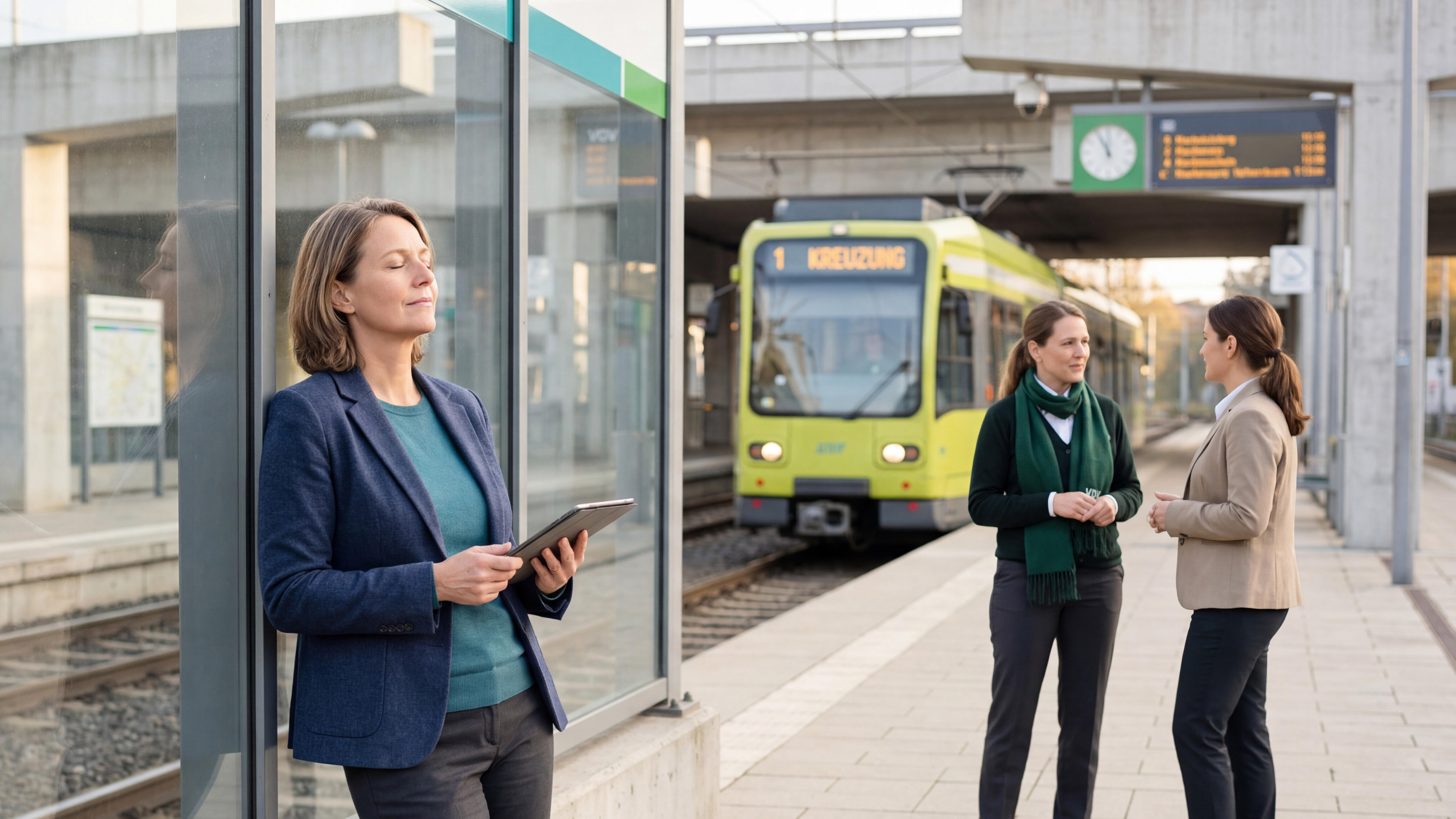 Eine Frau lehnt entspannt mit geschlossenen Augen an einer Wand am Bahnsteig, sie hat ein Tablet in der Hand. Im Hintergrund unterhalten sich zwei Frauen.