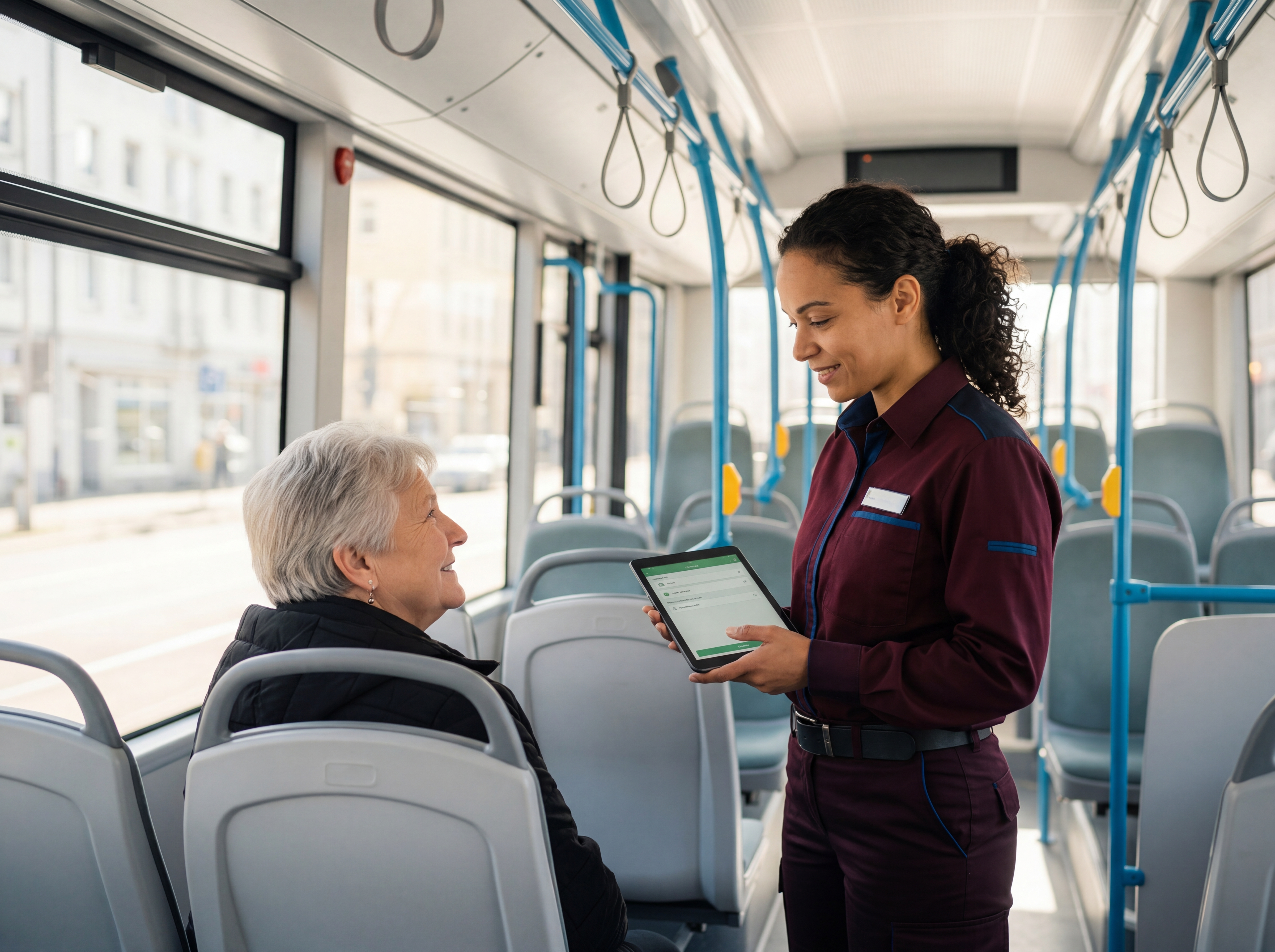 Eine ältere Frau sitzt in einem Bus, neben ihr steht eine Frau in Kleidung des Verkehrsunternehmens mit einem Tablet in der Hand und unterhält sich mit ihr.