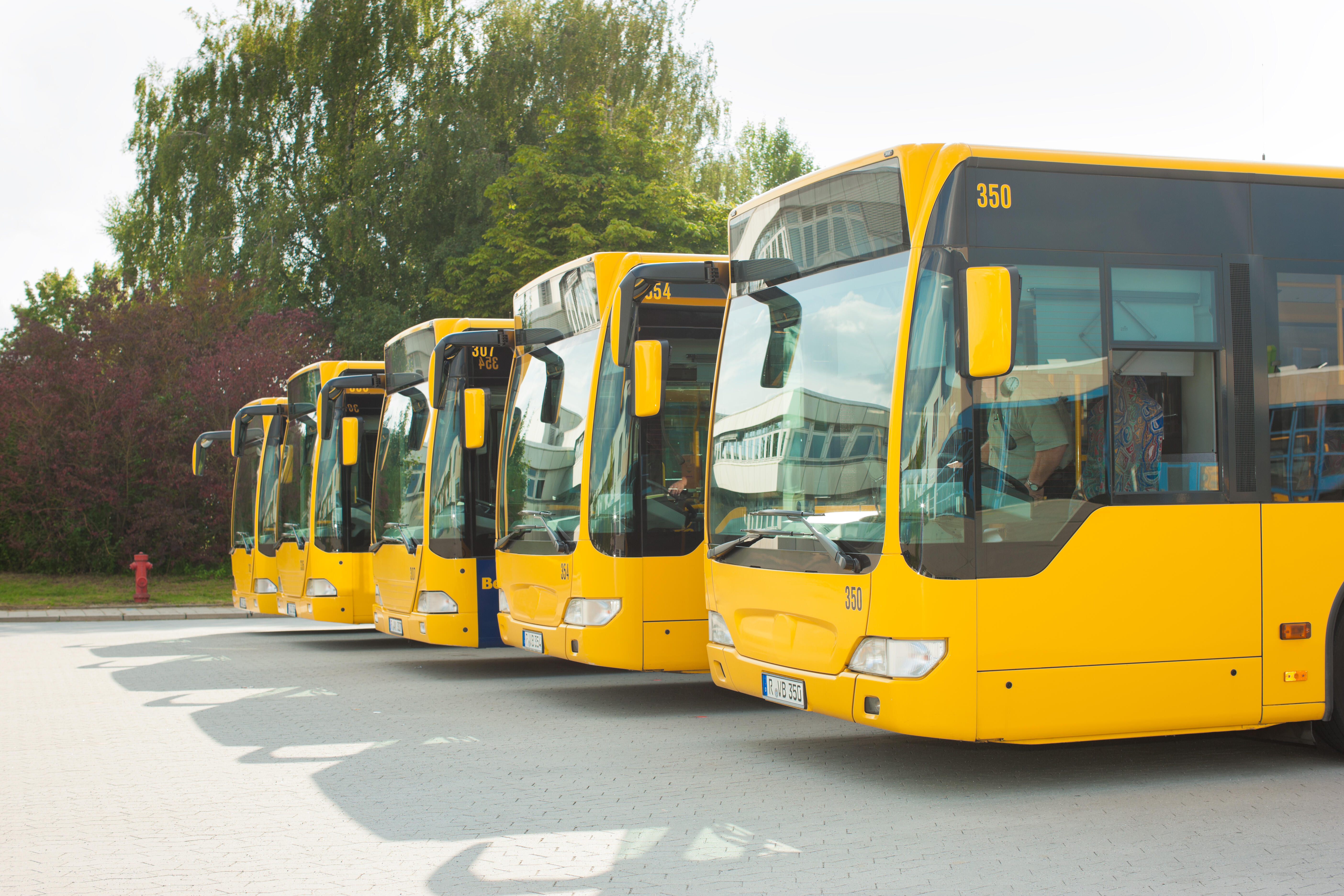Vier gelbe Busse sind auf dem Betriebshof geparkt.