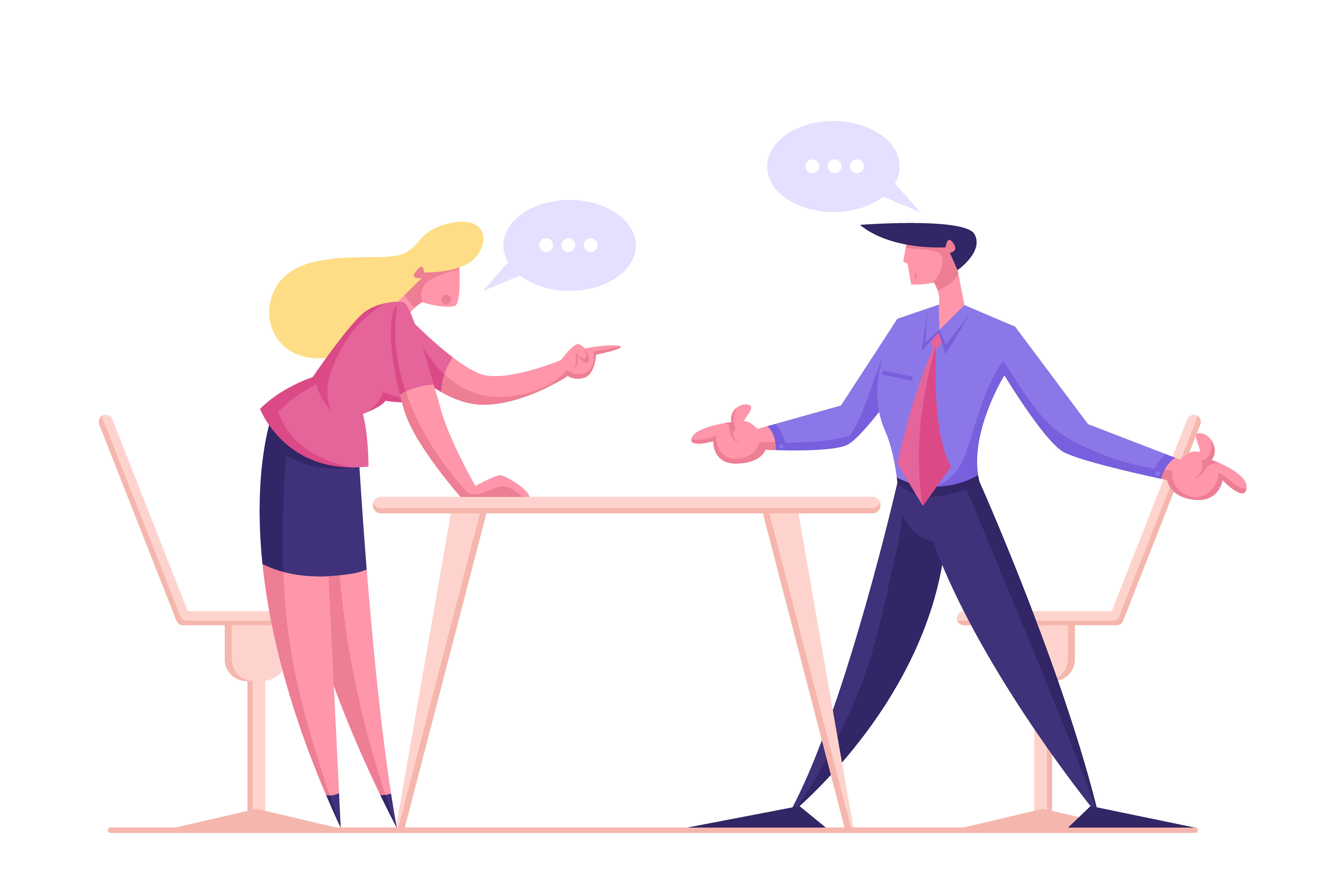 Zeichnung von einem Mann und einer Frau an einem Tisch mit Sprechblasen.