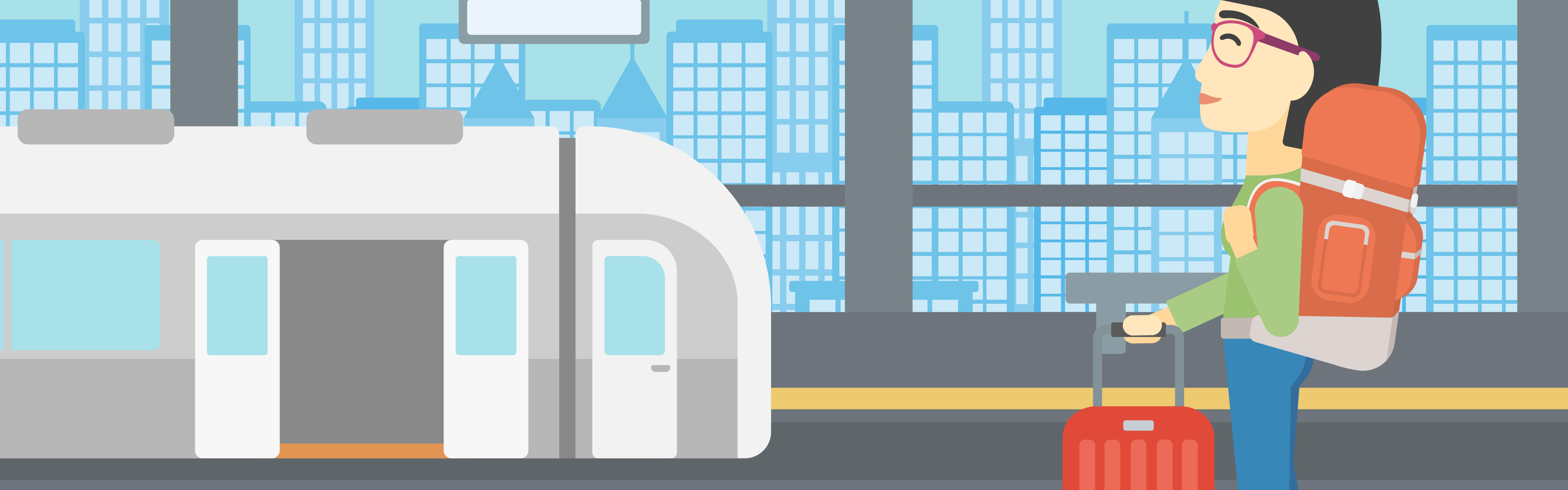 Zeichnung von einer Person mit Rucksack und Koffer, die am Bahnsteig steht. Ein Zug wartet im Gleis.