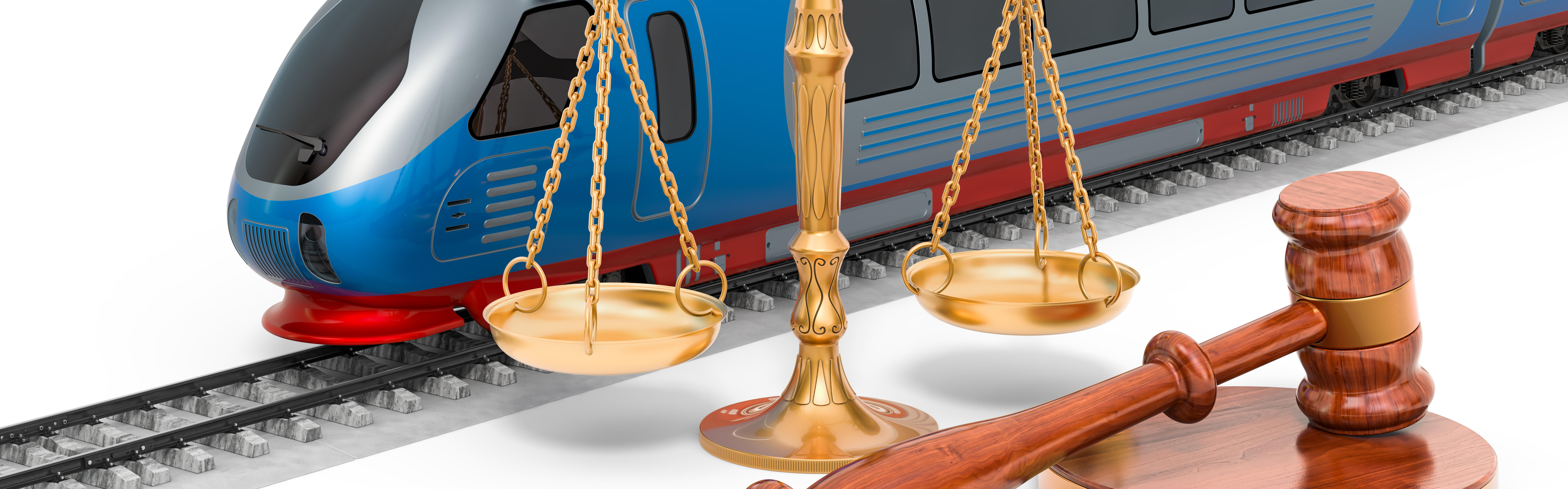 Eine Collage aus einem Zug auf Schienen, einer goldenen Waage und einem Hammer aus Holz.