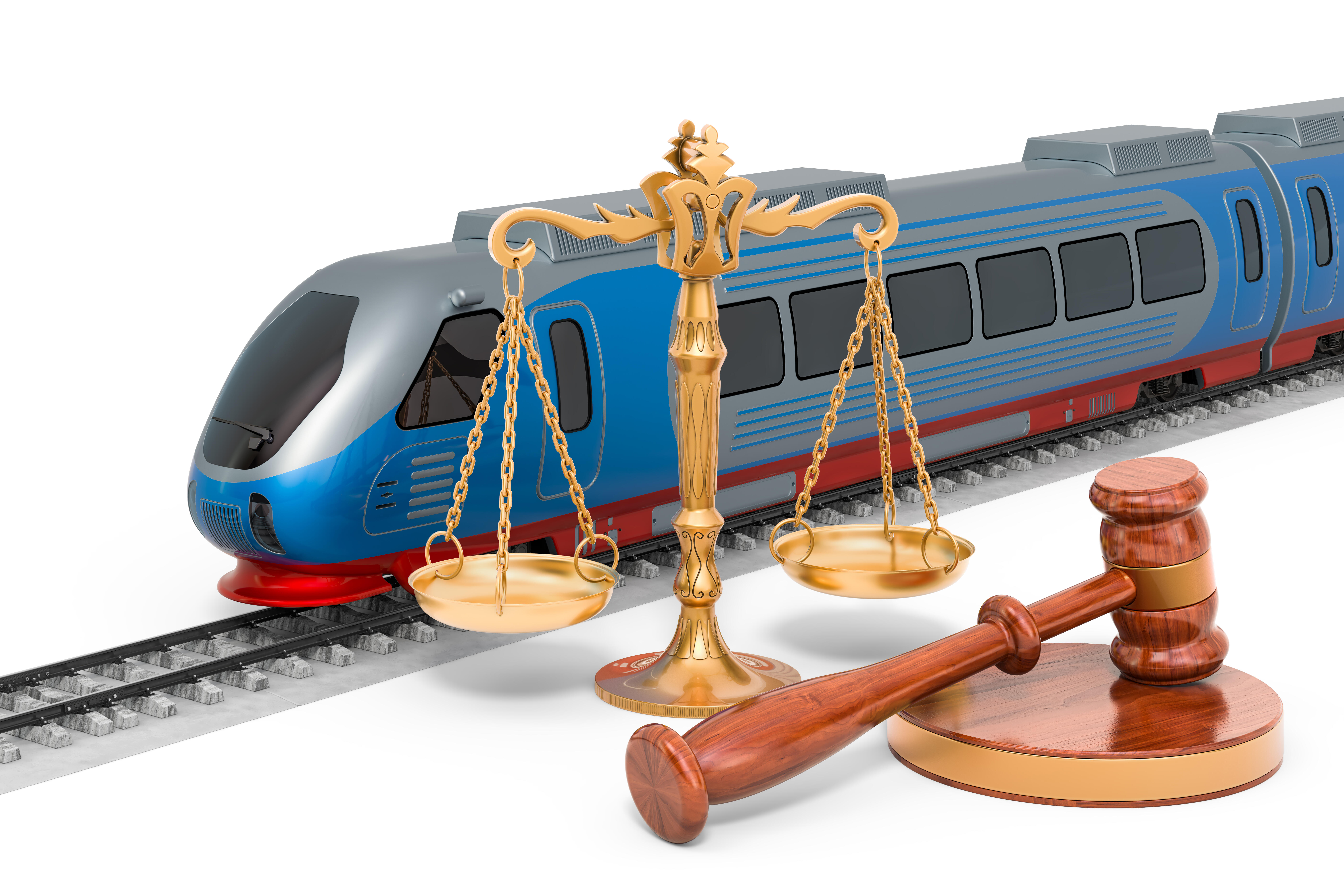 Eine Collage aus einem Zug auf Schienen, einer goldenen Waage und einem Hammer aus Holz.