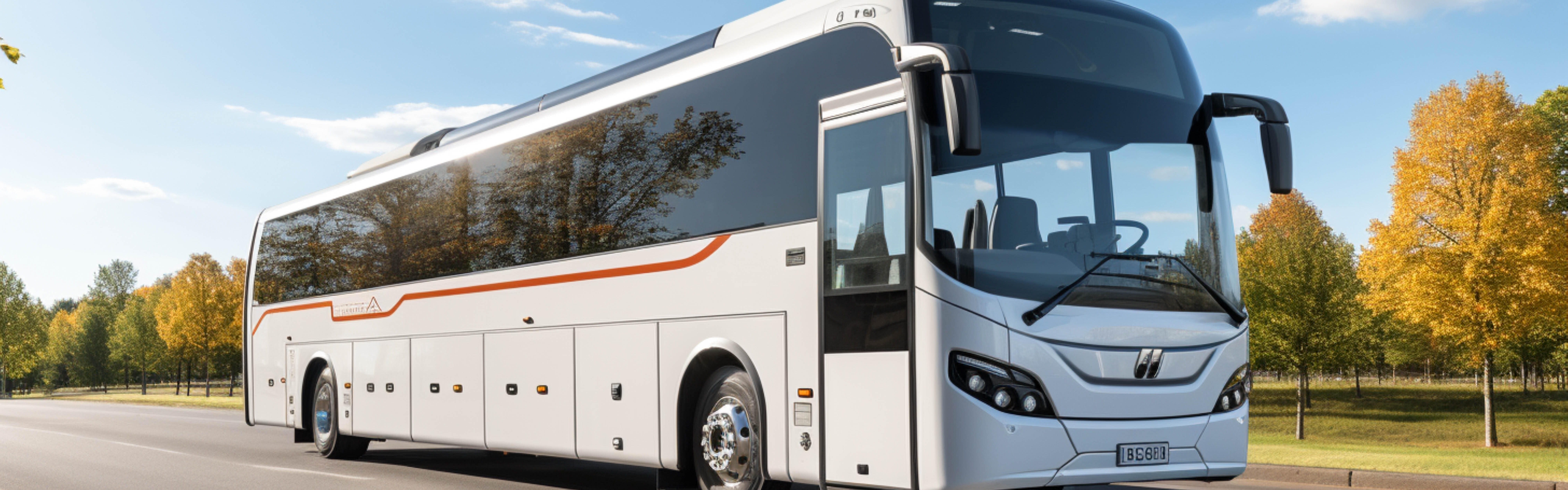 Ein weißer Reisebus fährt auf einer Straße, im Hintergrund blauer Himmel und Bäume