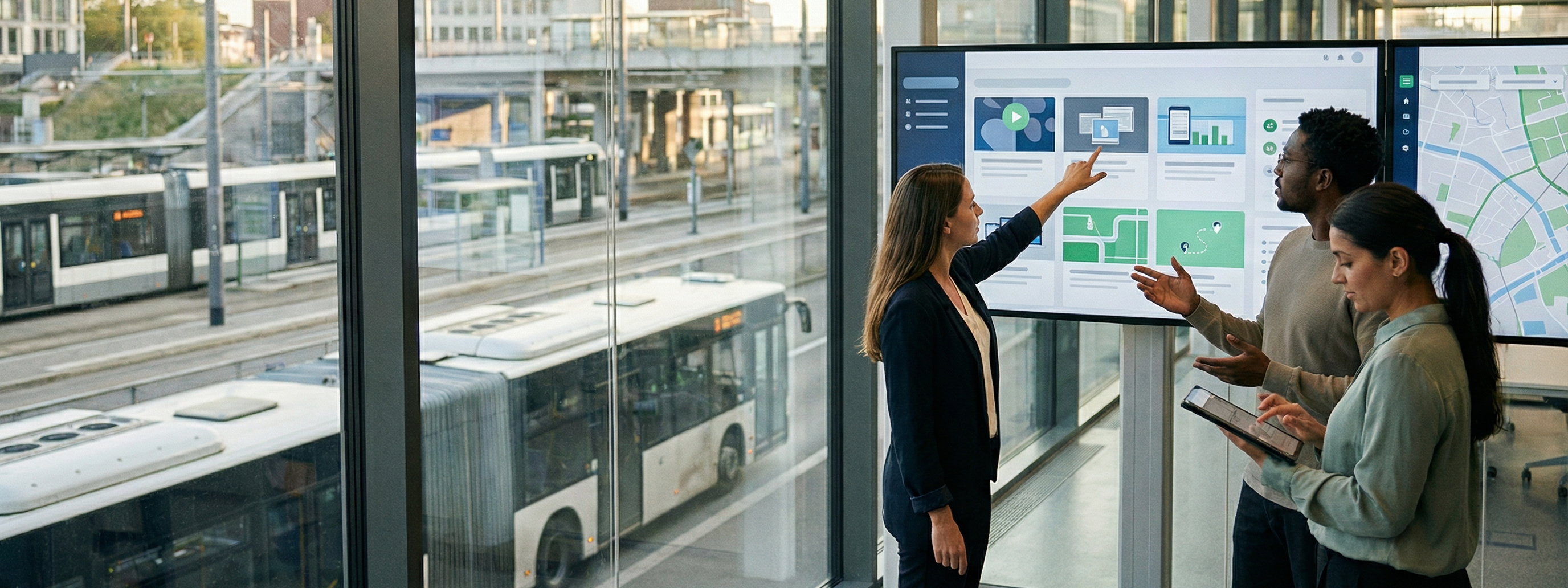 Drei Personen schauen auf einen Bildschirm, auf dem eine Lernplattform abgebildet ist.