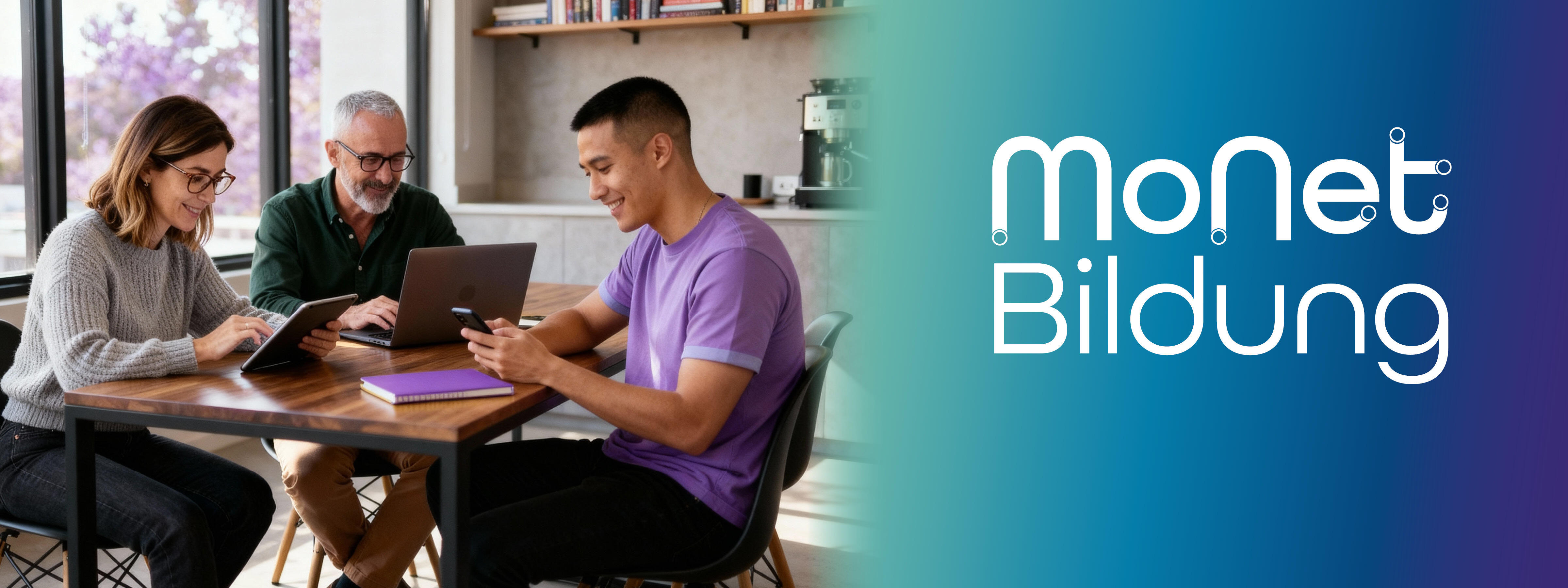 3 Personen sitzen an einem Tisch mit unterschiedlichen Devices und schauen zufrieden auf die Displays.