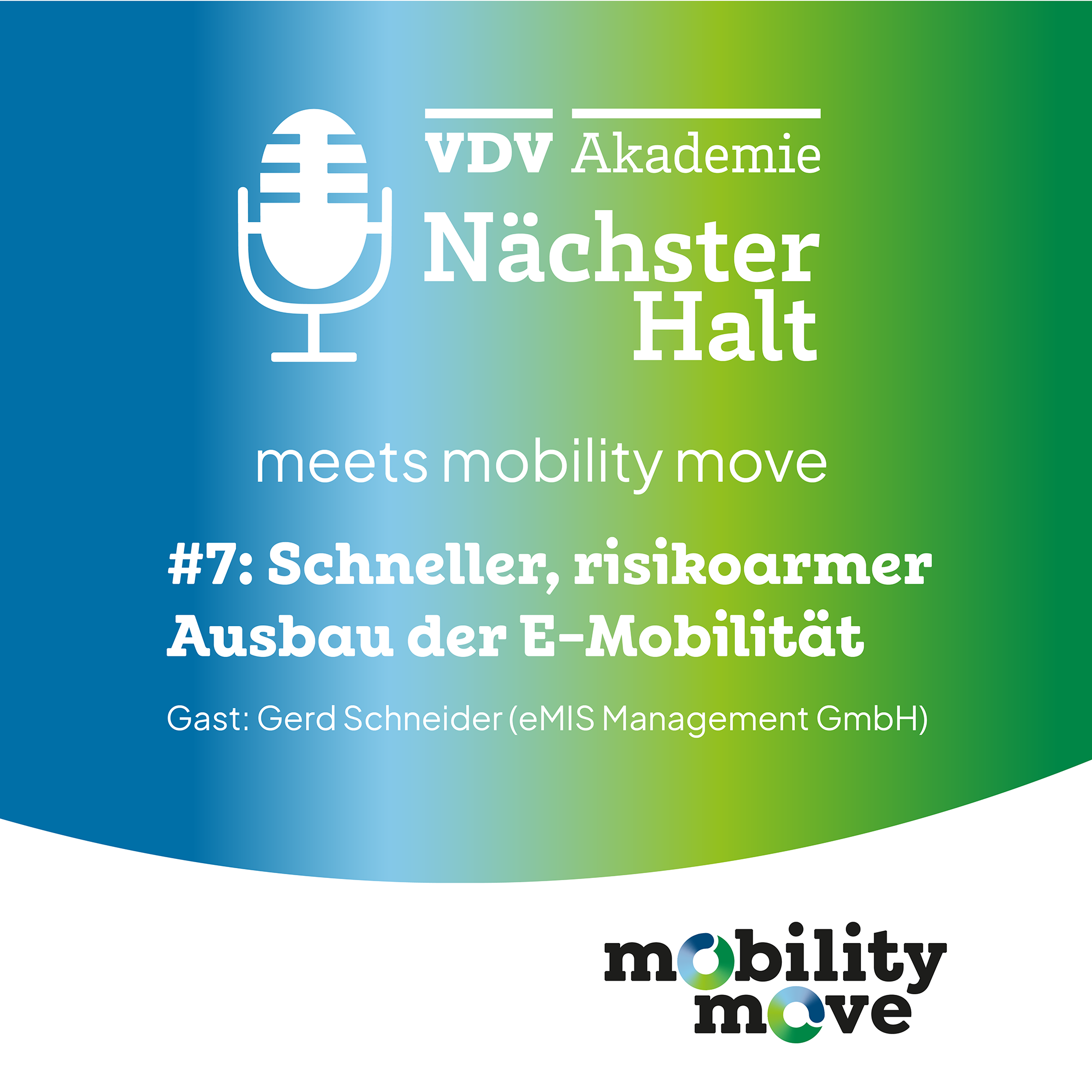 Cover Nächster Halt meets mobility move 2024 Folge 7, Titel: Schneller, risikoarmer Ausbau der E-Mobilität, Gast: Gerd Schneider Moderation: Catharina Goj