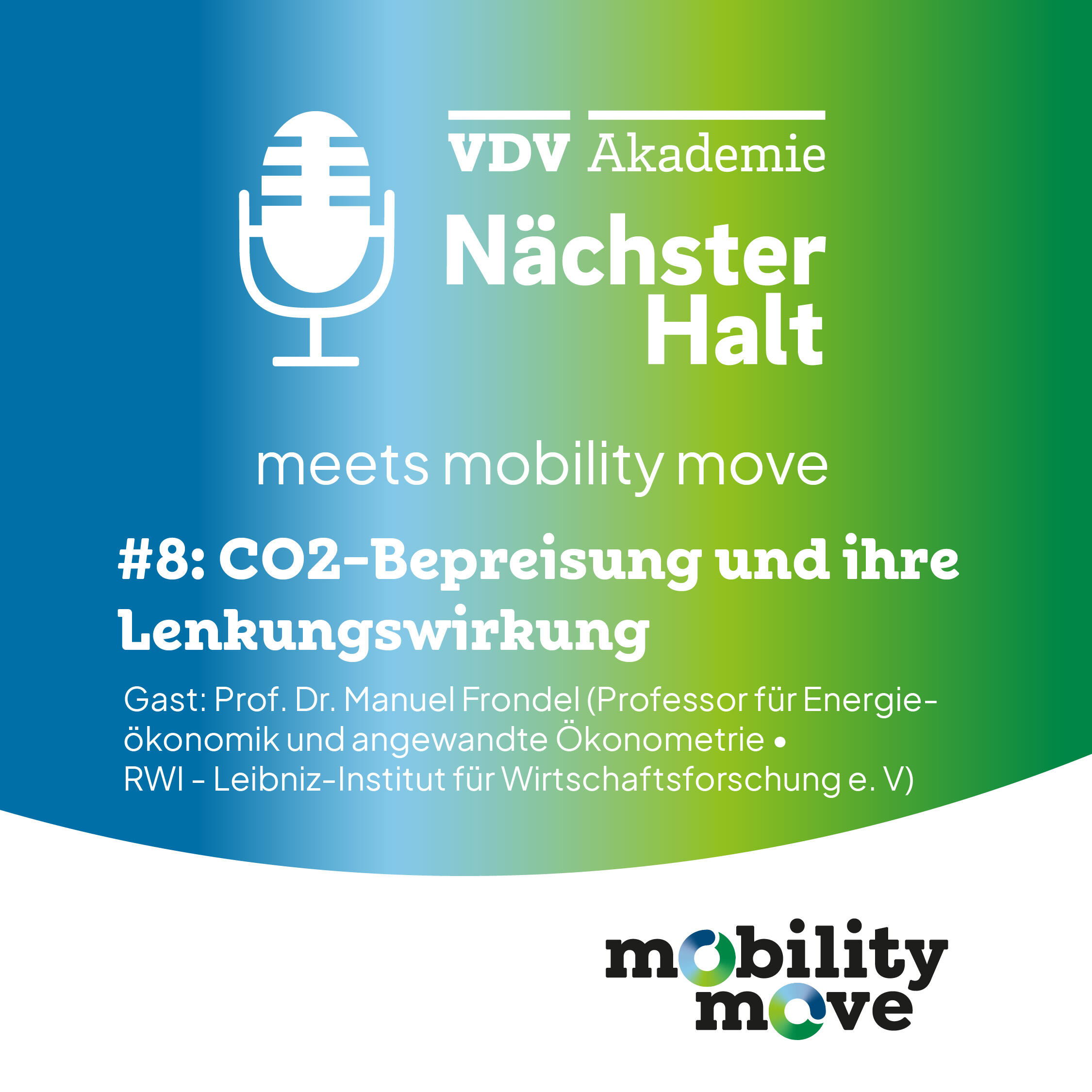 Cover Nächster Halt meets mobility move Folge 8, Titel: CO2-Bepreisung und ihre Lenkungswirkung, Gast: Prof. Dr. Manuel , Moderation: Catharina Goj