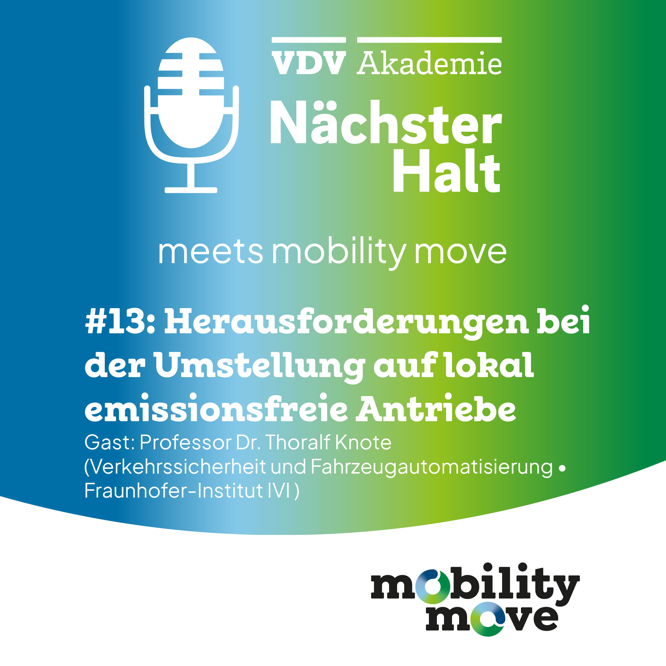 Cover Podcast-Folge 13 "Nächster Halt meets mobility move", Titel: Herausforderungen bei der Umstellung auf lokal emissionsfreie Antriebe, Gast: Professor Dr. Thoralf Knote