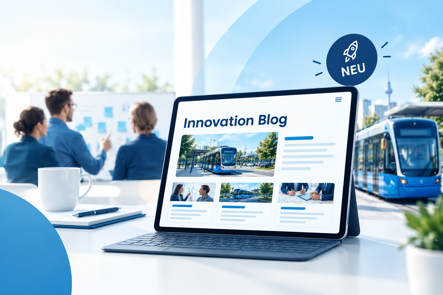 Tablet mit Tastatur auf einem Schreibtisch. Der Bildschirm zeigt den ‚Innovation Blog‘ mit Beiträgen zu Bussen und Bahnen. Im Hintergrund betrachten drei Personen eine Präsentation. Durch die Fenster sind eine Straßenbahn und Haltestelle zu sehen. Ein ‚NEU‘-Symbol mit Rakete kennzeichnet den Blog