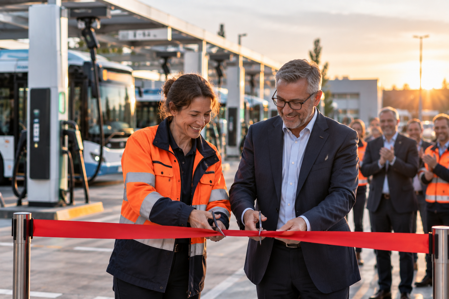 Eine Beschäftigte mit einer Arbeitsweste und ein Mann mit einem Anzug, wohl der Geschäftsführer, stehen vor einem Busdepot mit Elektrobussen und schneiden ein rotes Band gemeinsam durch, vermutlich zur Einweihung des neuen Betriebshofes.